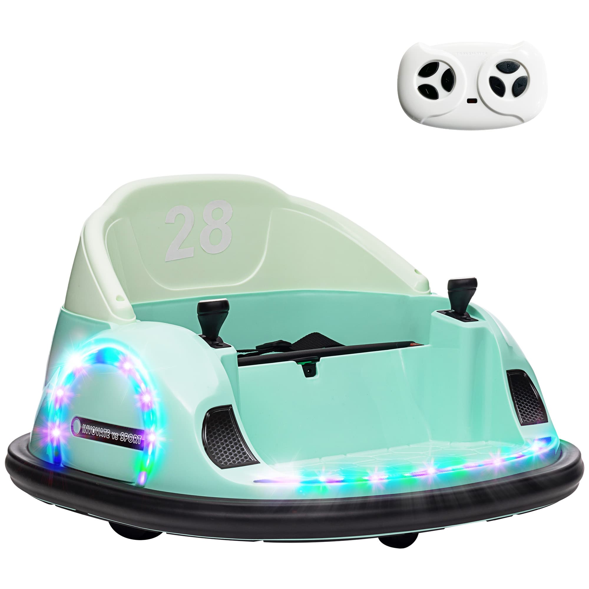 AIYAPLAY 360° Rotation Kids Bumper Car, 12V Waltzer Car with Remote Control, Dual Joysticks, Music Lights - Green | Aosom UK
