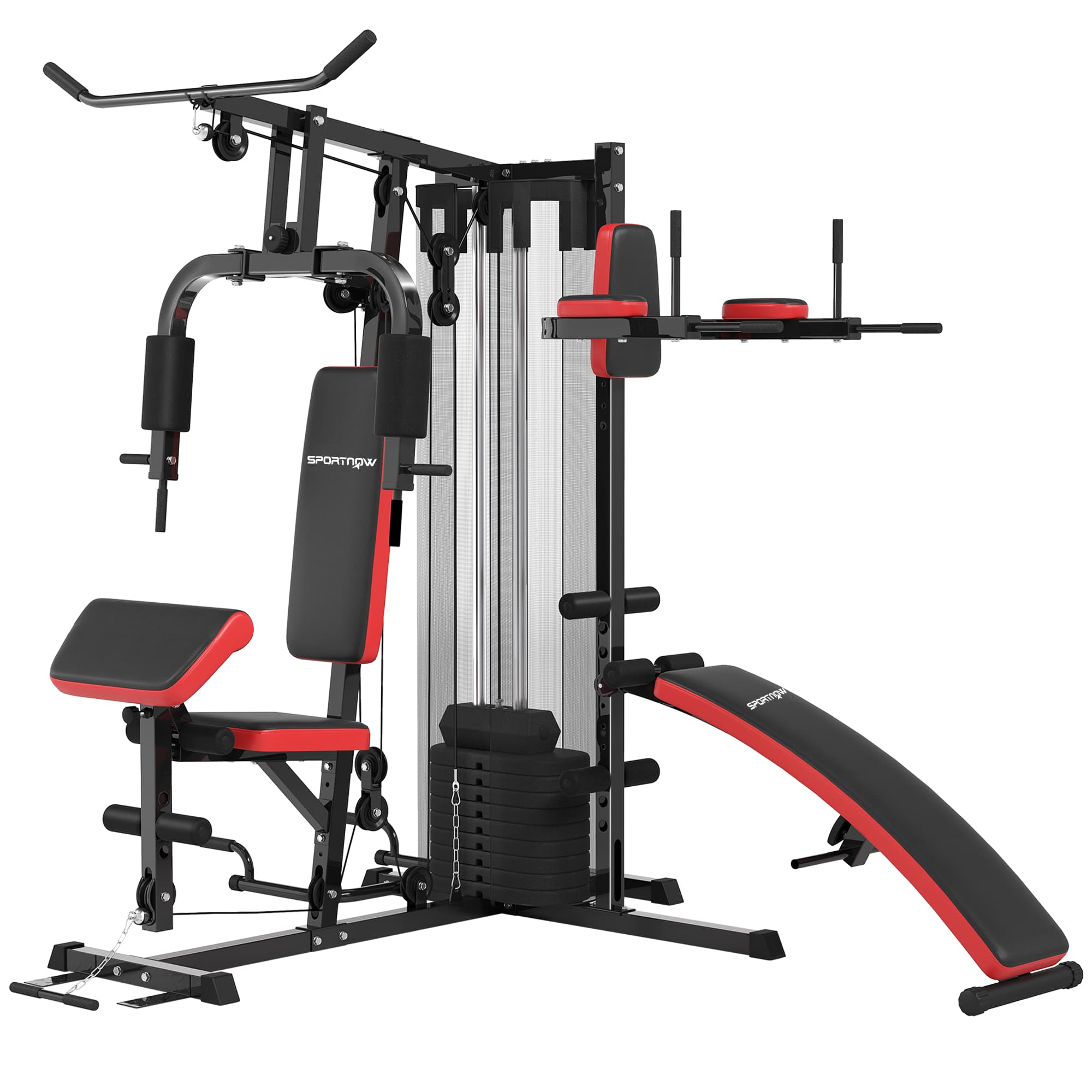 SPORTNOW Multi Gym Workout Station with 65kg Weight Stack, Home Strength Training Machine with Sit-Up, Dip & Push-Up | Aosom UK