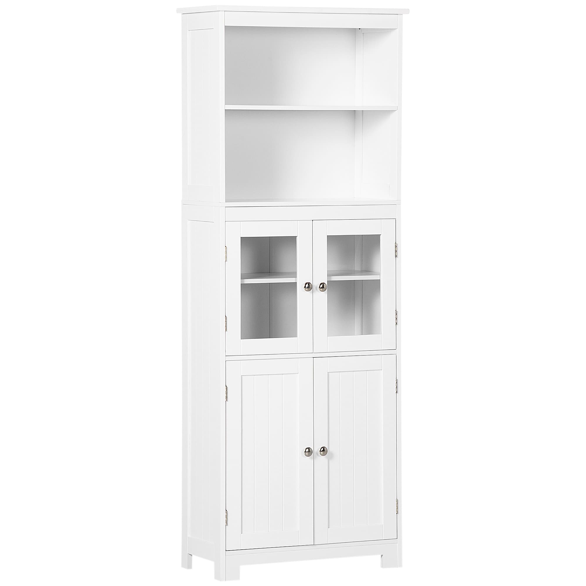 HOMCOM Freestanding Larder Cupboard, 4-Door Kitchen Storage Cabinet, Adjustable Shelf, Glass Doors for Dining Room, Living Room, White | Aosom UK