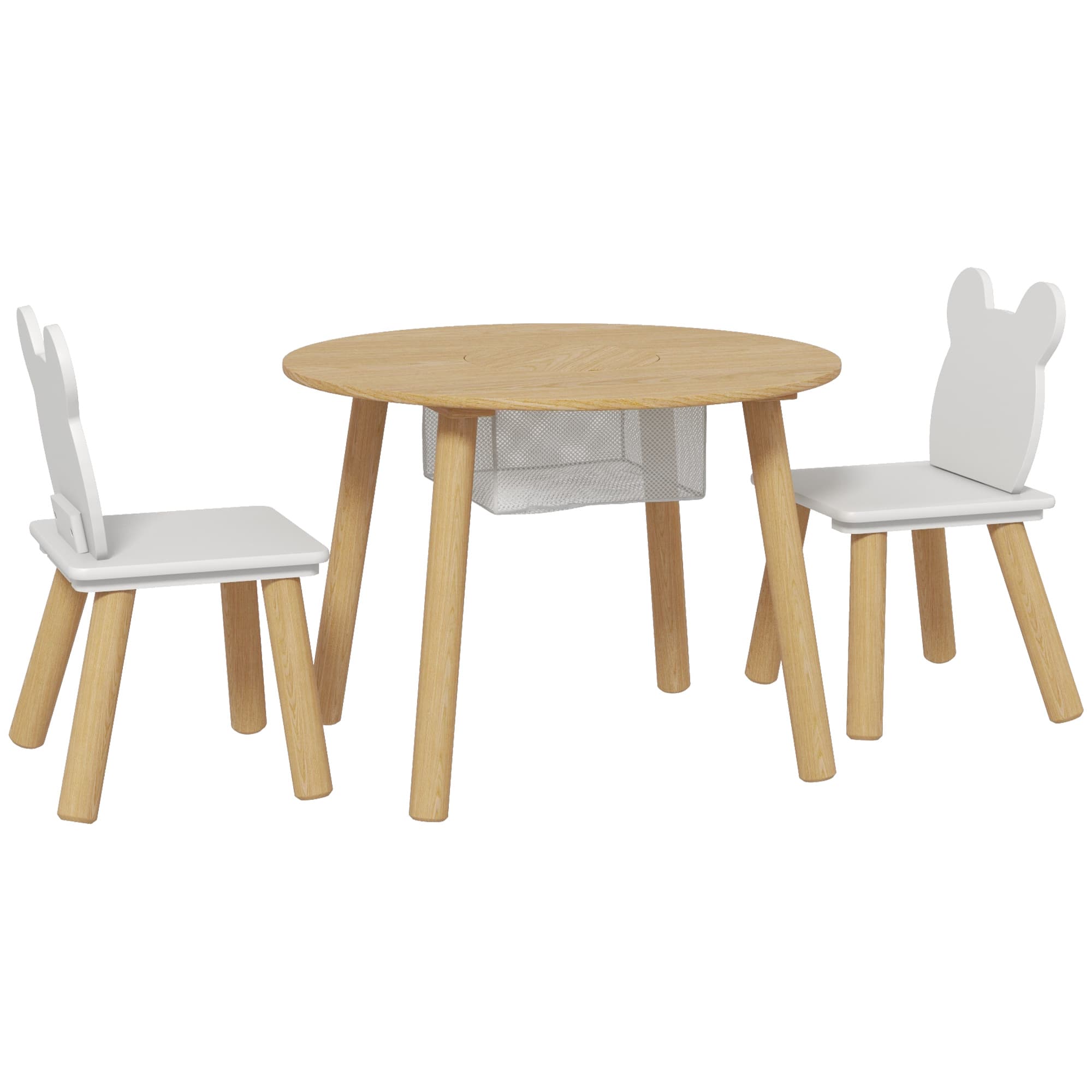 AIYAPLAY 3 Pieces Kids Activity Table Set with Centre Mesh Bag, Bear Shaped Backrest, for Arts, Reading, Dining | Aosom UK