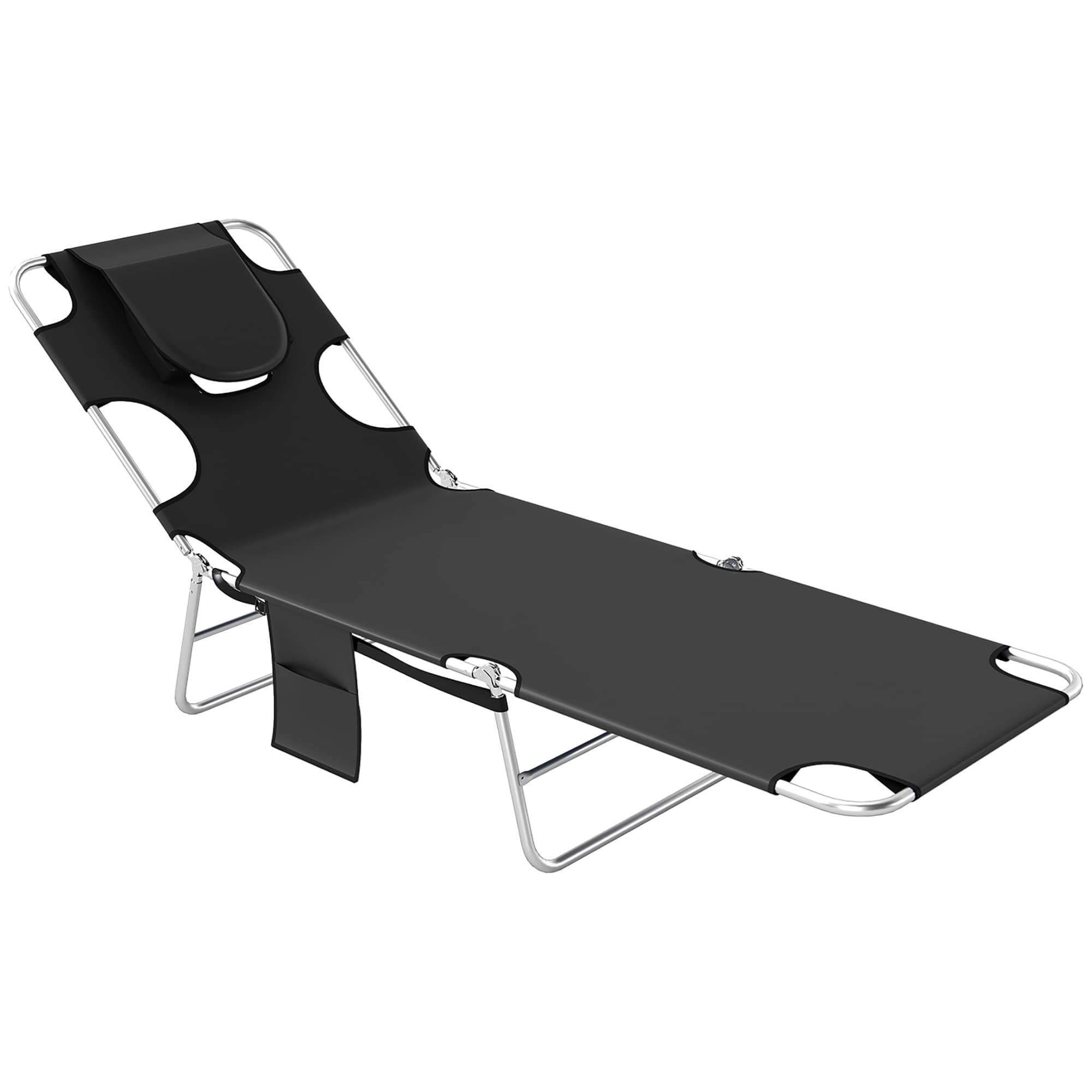 Outsunny Beach Chaise Lounge: Foldable Sun Lounger with Reading Hole, Adjustable Backrest & Side Pocket, Black | Aosom UK