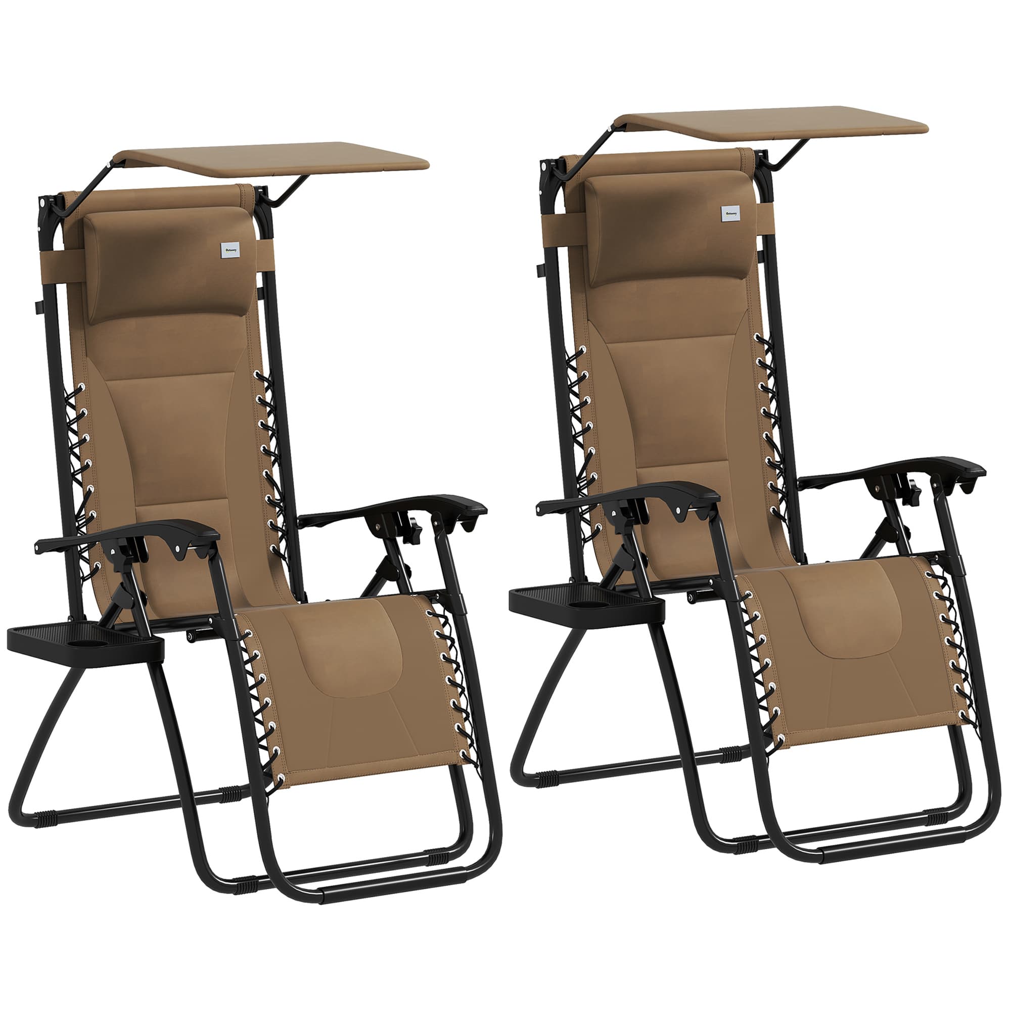 Outsunny Zero Gravity Lounger Chair Set of 2, Folding Reclining Patio Chair with Shade Cover, Cup Holder, Soft Cushion and Headrest, Brown