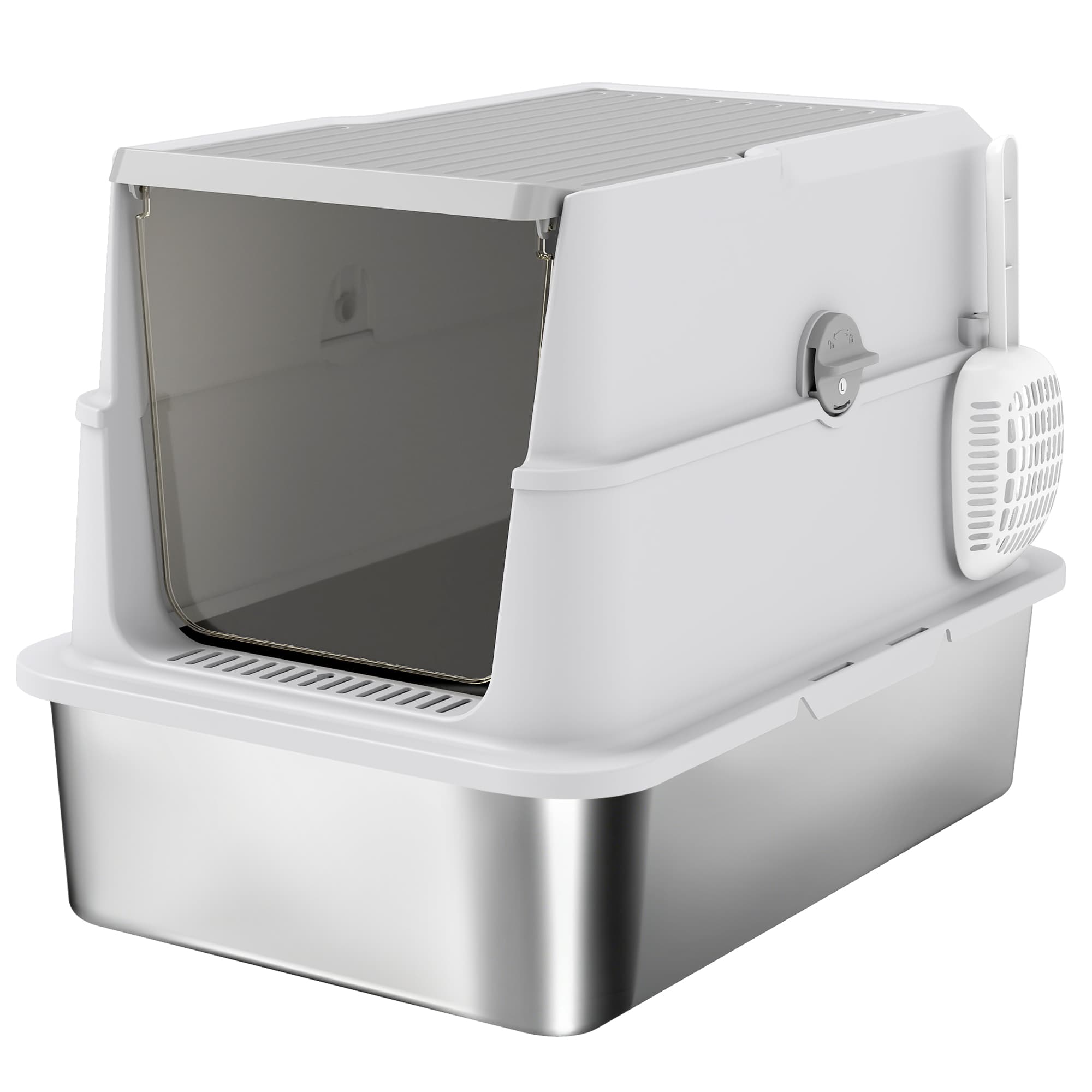 PawHut Extra Large Stainless Steel Cat Litter Tray with Scoop, Flip-Top Lid, Odour Control, Modern Design | Aosom UK