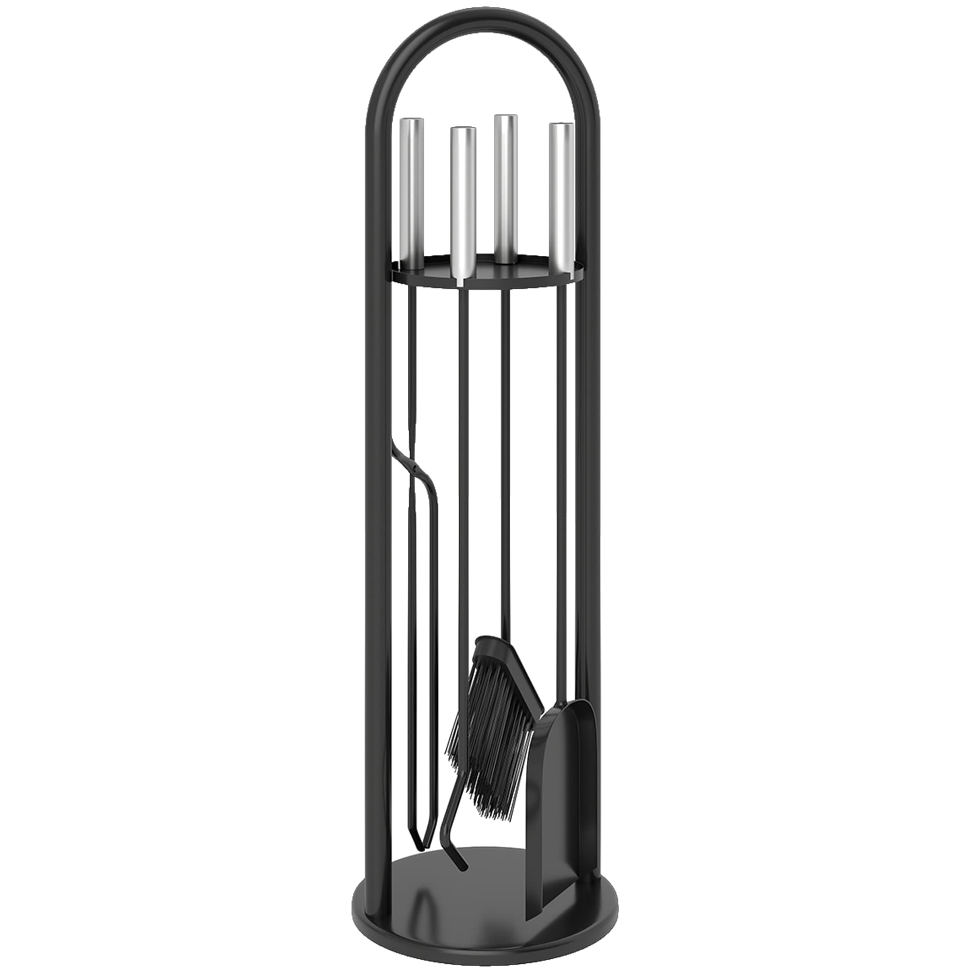 Outsunny 5 Pieces Fireplace Companion Set, Metal Fireplace Accessories Fireside Companion Set with Broom, Shovel, Poker, A Pair of Tongs, Stand, Silver