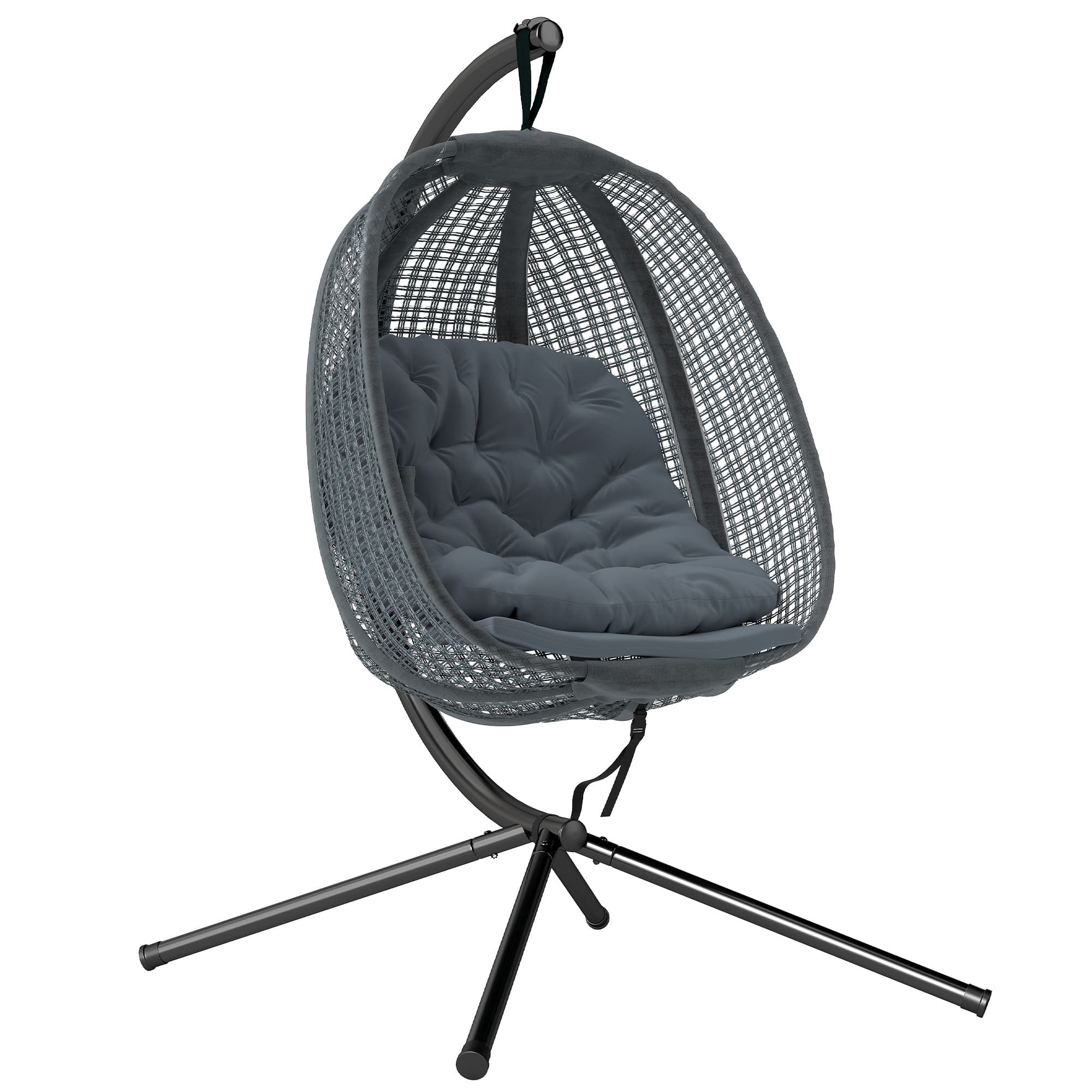 Outsunny Outdoor Swing Chair w/ Thick Padded Cushion, Patio Hanging Chair w/ Metal Stand, Foldable Basket, Cup Holder, Dark Grey