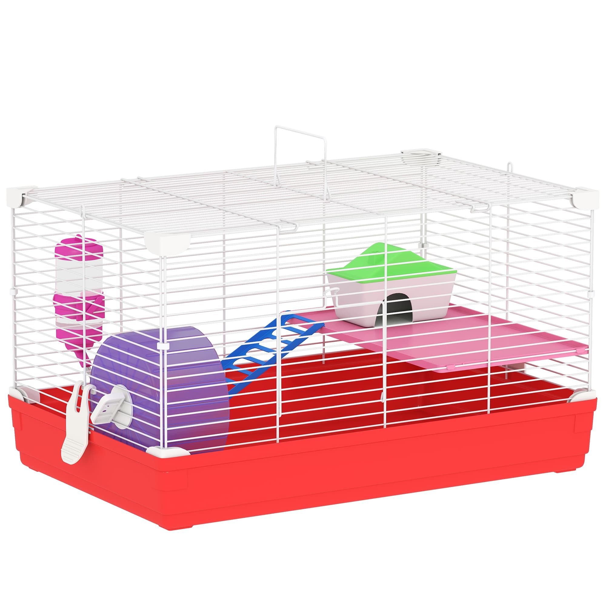 PawHut Dwarf Hamster Metal Cage w/ Tunnels Exercise Wheel Water Bottle Dishes Red and White | Aosom UK