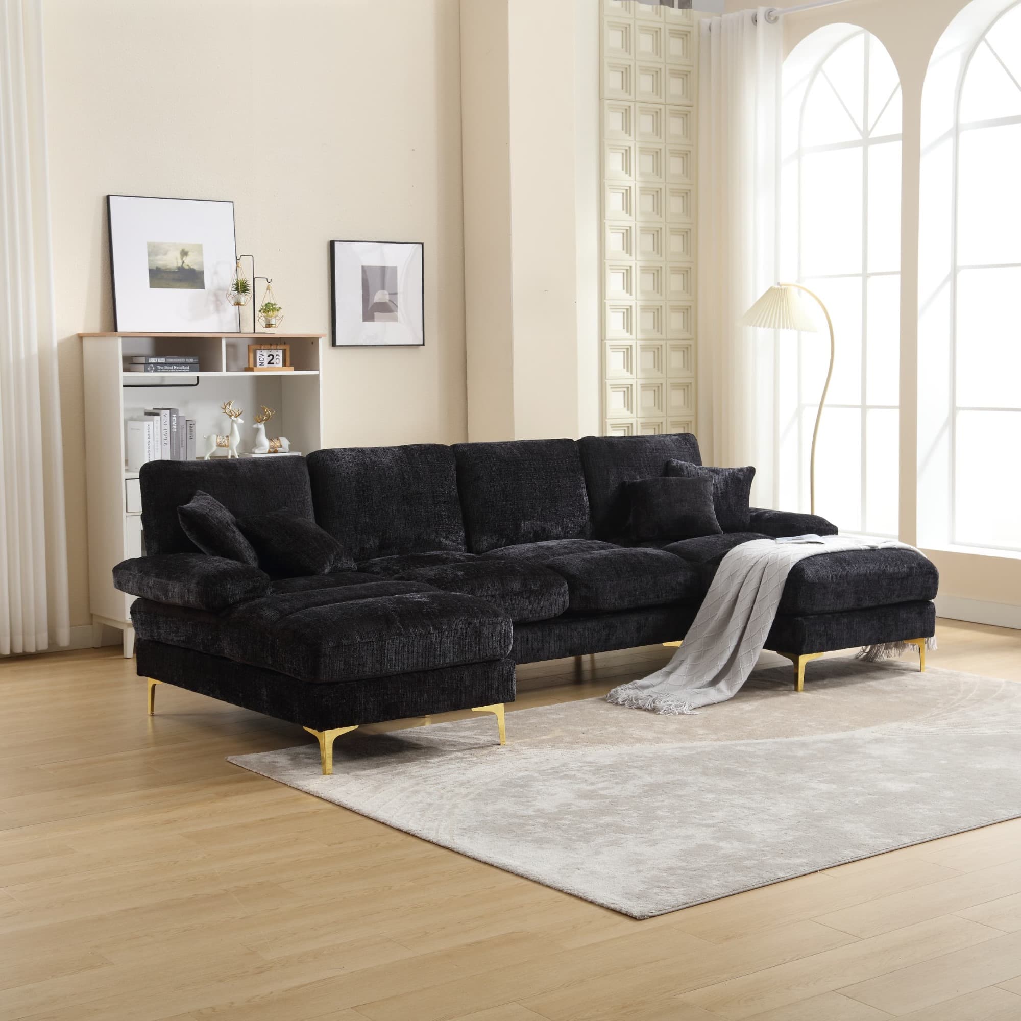 Elegant U-Shaped Modular Sofa with Pillows, Double Chaise, Rubber Pads, Sectional Couch for Social Gatherings, 272L x 136W x 88H cm, Black | Aosom UK