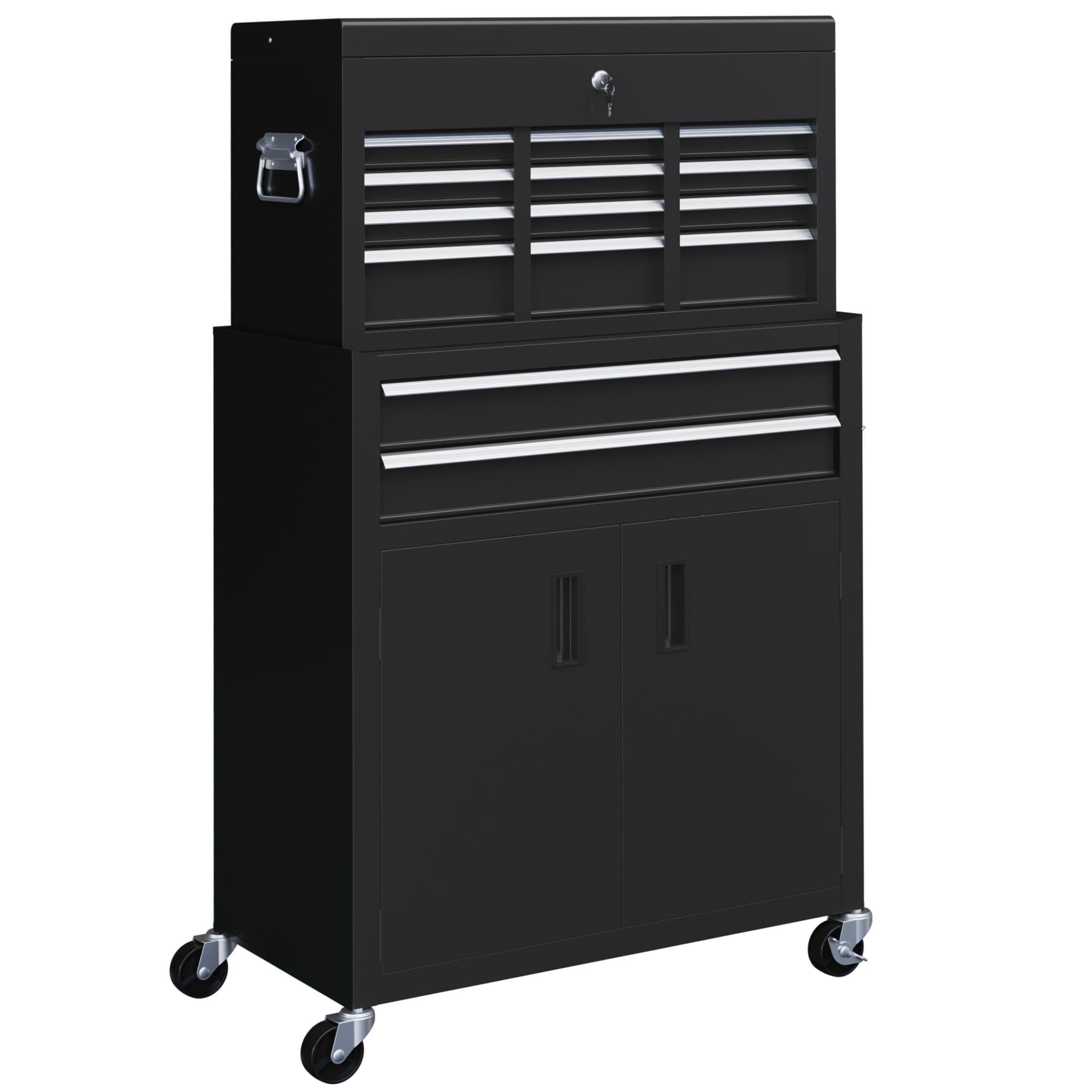 HOMCOM Portable Tool Storage Box with 6 Smooth-Glide Drawers and 1 Bottom Cabinet, Metal Tool Chest on Wheels, Black | Aosom UK