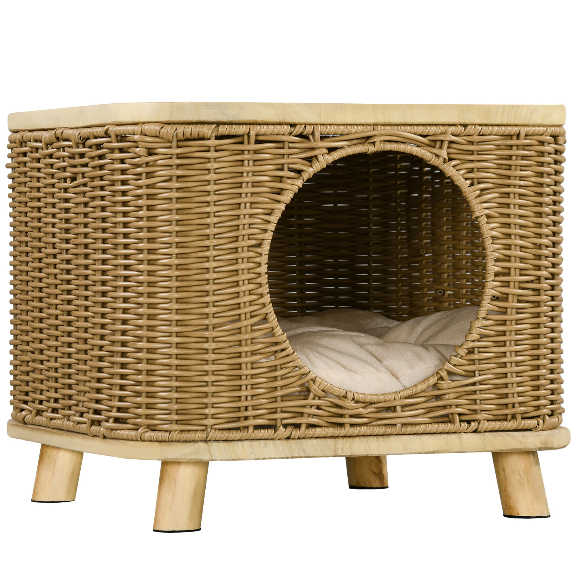 PawHut Elevated Design Wicker Cat House with Washable Cushion, Light Brown | Aosom UK