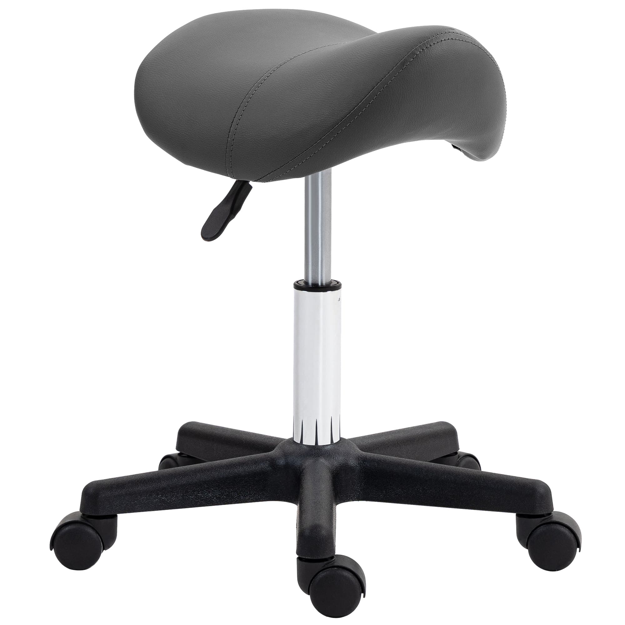 HOMCOM Saddle Stool, PU Leather Adjustable Rolling Salon Chair with Steel Frame for Massage, Spa, Beauty and Tattoo, Grey | Aosom UK
