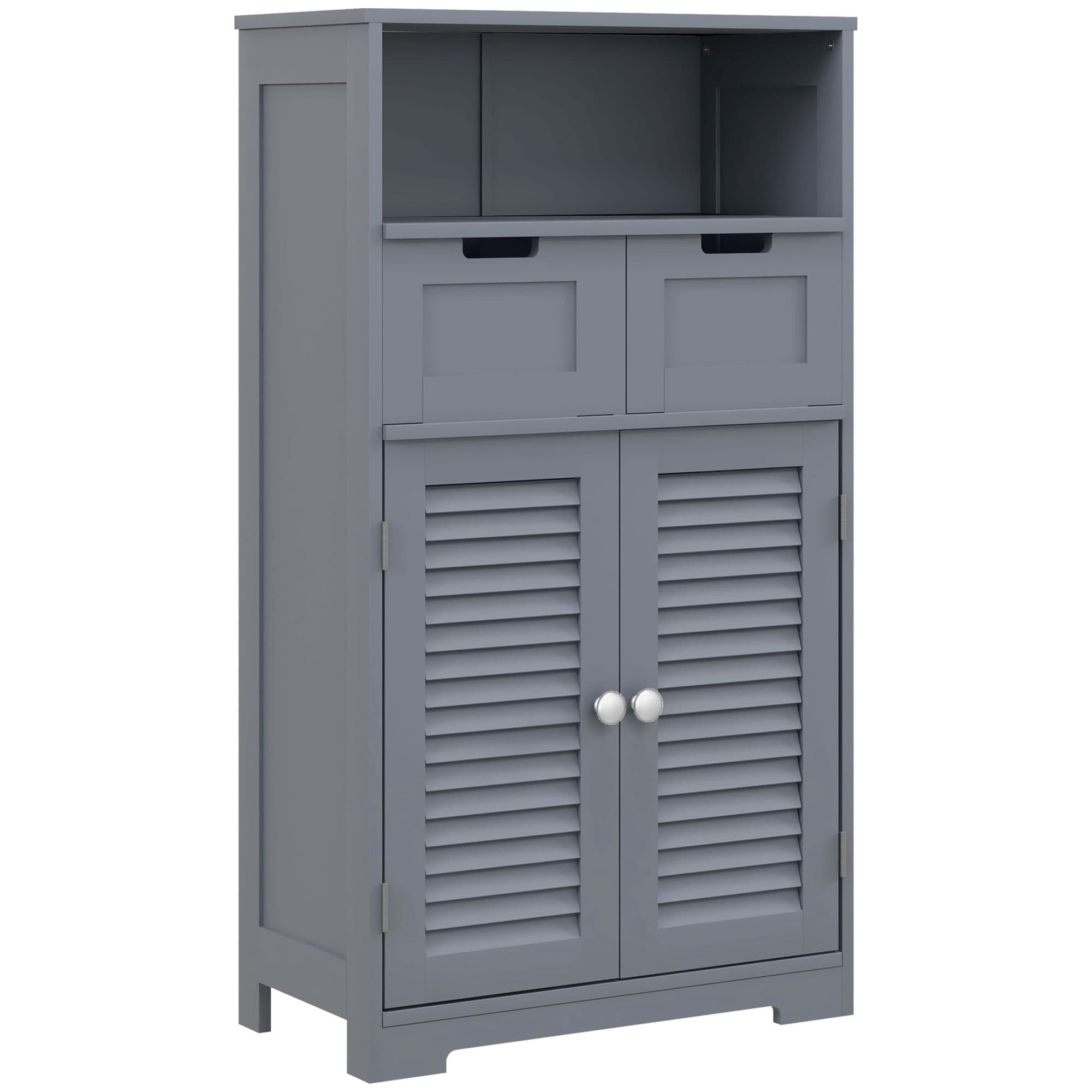 Kleankin Bathroom Storage Cabinet with Drawers, Louvred Doors, Open Compartment, Adjustable Shelf, Grey | Aosom UK