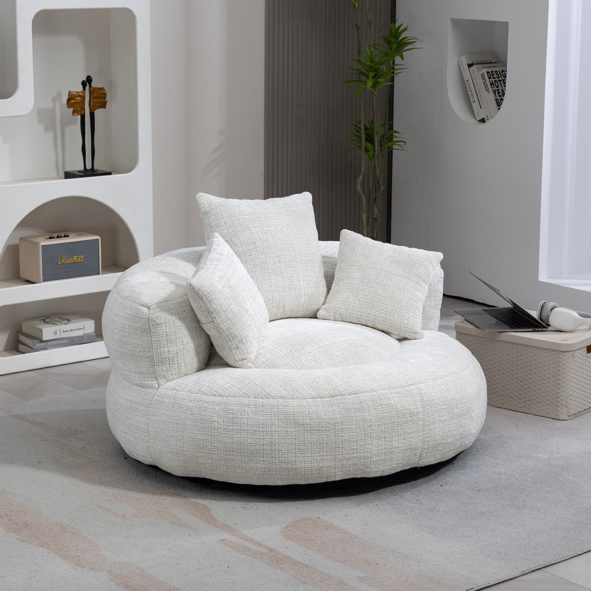 Modern Lazy Sofa Bean Bag Chair with Shredded Memory Foam, Chenille Fabric, Luxurious High Back Accent Chair, 108L x 108W x 52H cm, Beige | Aosom UK