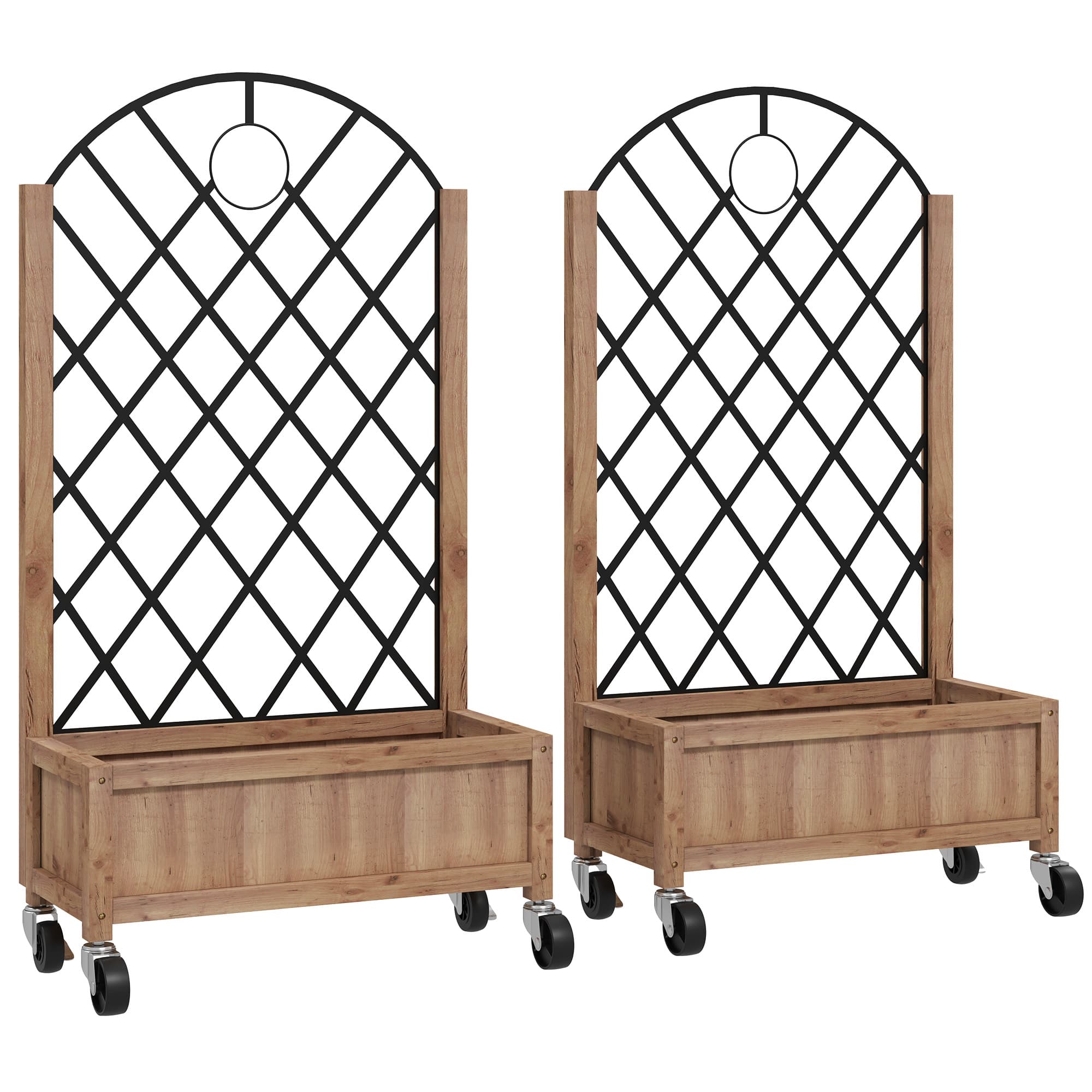 Outsunny Raised Garden Bed with Metal Trellis, Pack of 2 Wooden Elevated Planter Box with Wheels and Drainage Holes, Outdoor Raised Planter for Climbing Plants, Fruits, Vegetables, Flowers, Brown