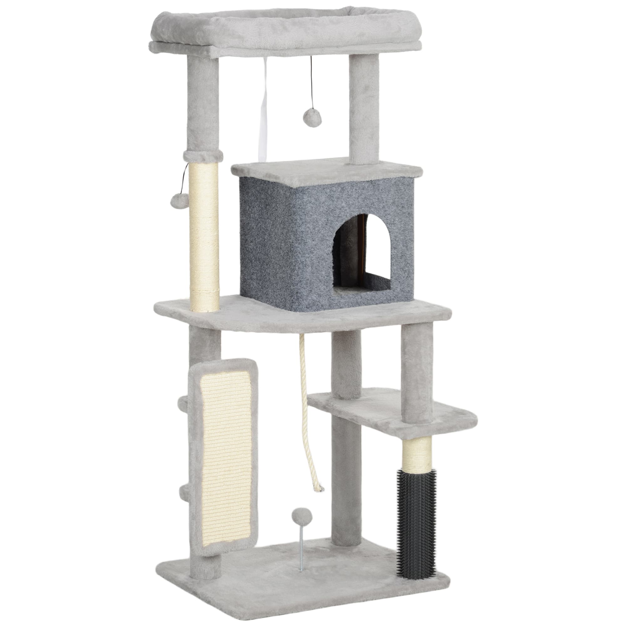 PawHut 132cm Cat Tree w/ Scratching Posts, Pad, Cat Bed, Cat House, Jumping Platform, Grooming Brush, Anti-Tip Kit, Light Grey | Aosom UK