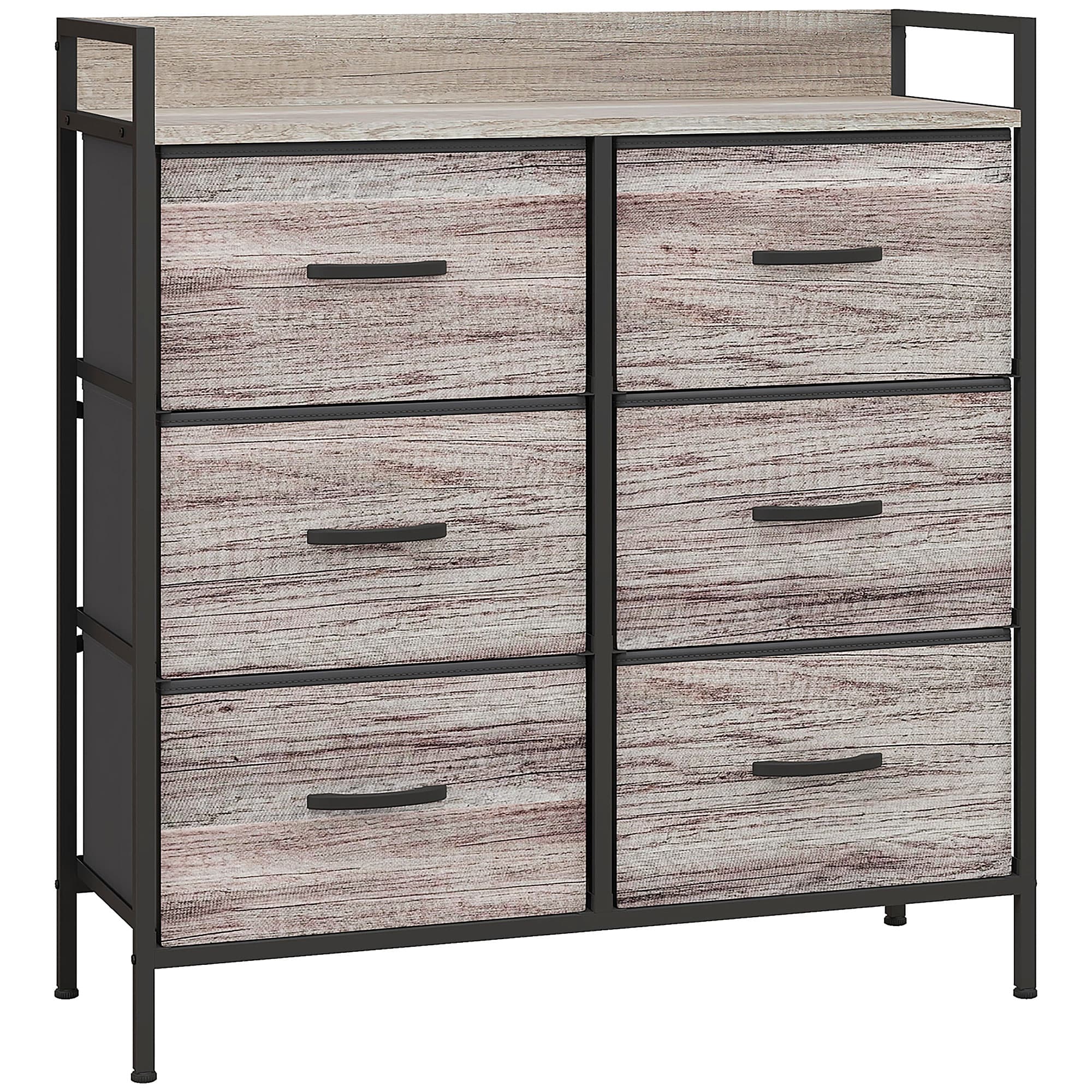 HOMCOM Rustic Chest of Six Fabric Drawers - Grey Wood Effect | Aosom UK