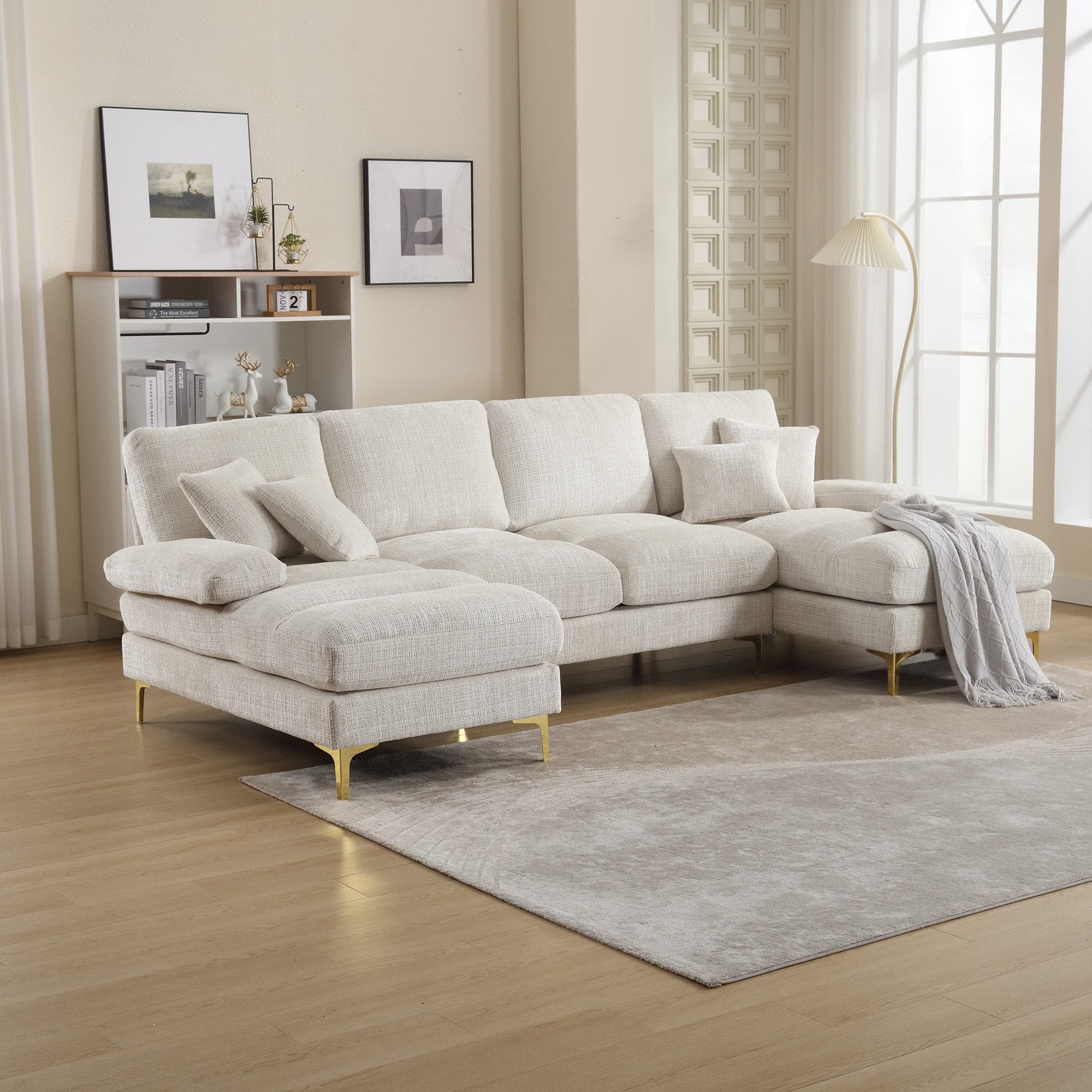 U-Shaped Modular Sofa with Cushions, Rubber Pads, Golden Legs, Chenille Fabric Sectional Couch for Relaxing, 272L x 136W x 88H cm, Beige | Aosom UK
