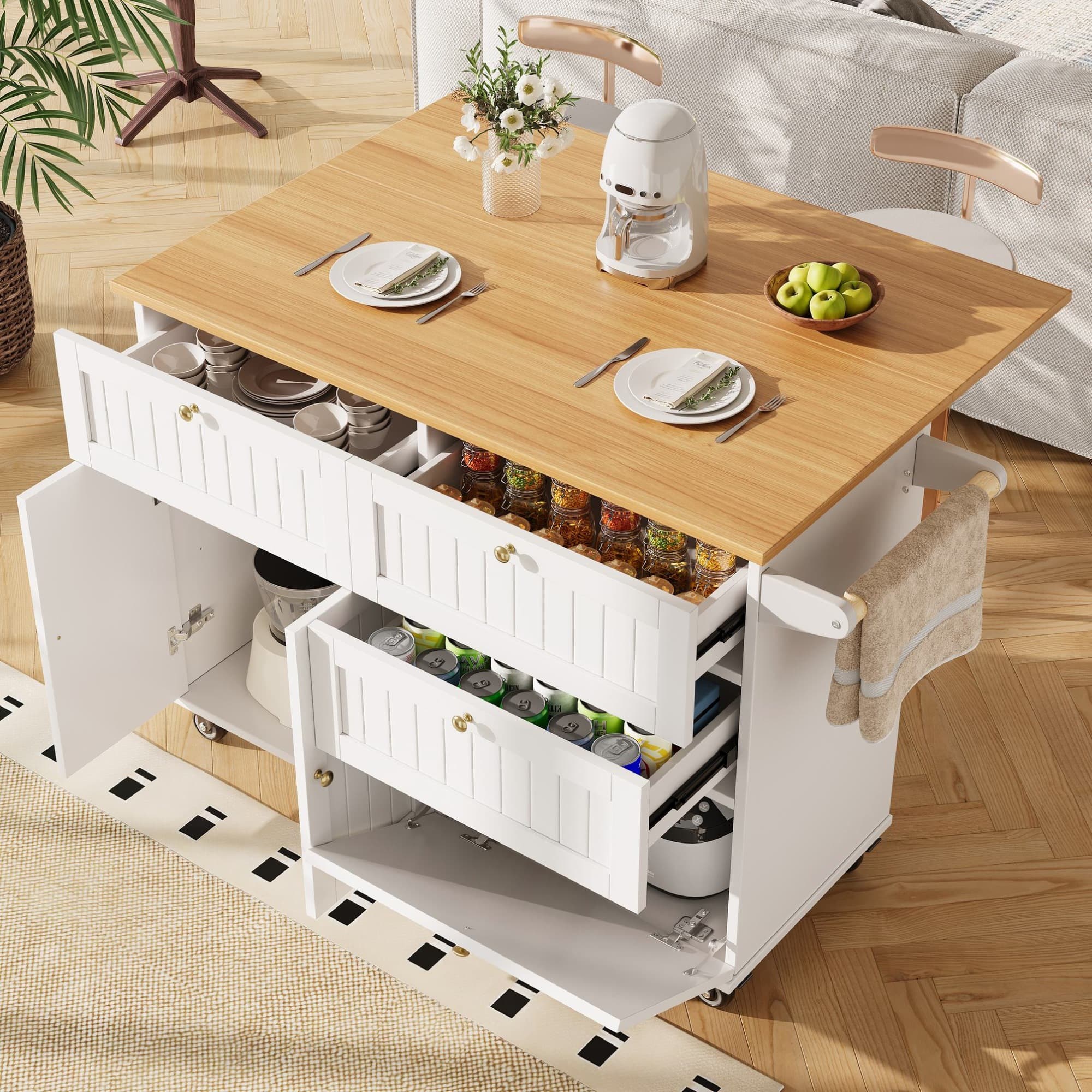 Rolling Mobile Kitchen Island with Drawers, Storage Cabinet, Multi-Functional Utility Cart with Drop Leaf, 133L x 70W x 88H cm, White | Aosom UK