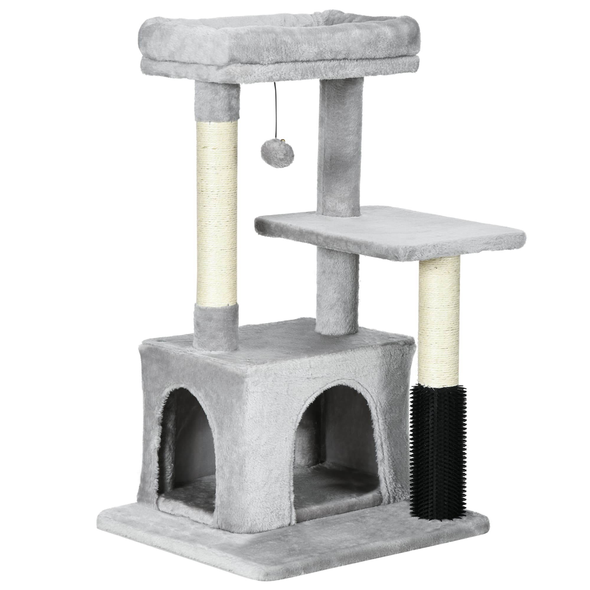 PawHut Cat Tree Tower with Sisal Scratching Posts, Kitten Climbing Activity Centre, Massage Toy Included, 48 x 48 x 80cm, Light Grey | Aosom UK