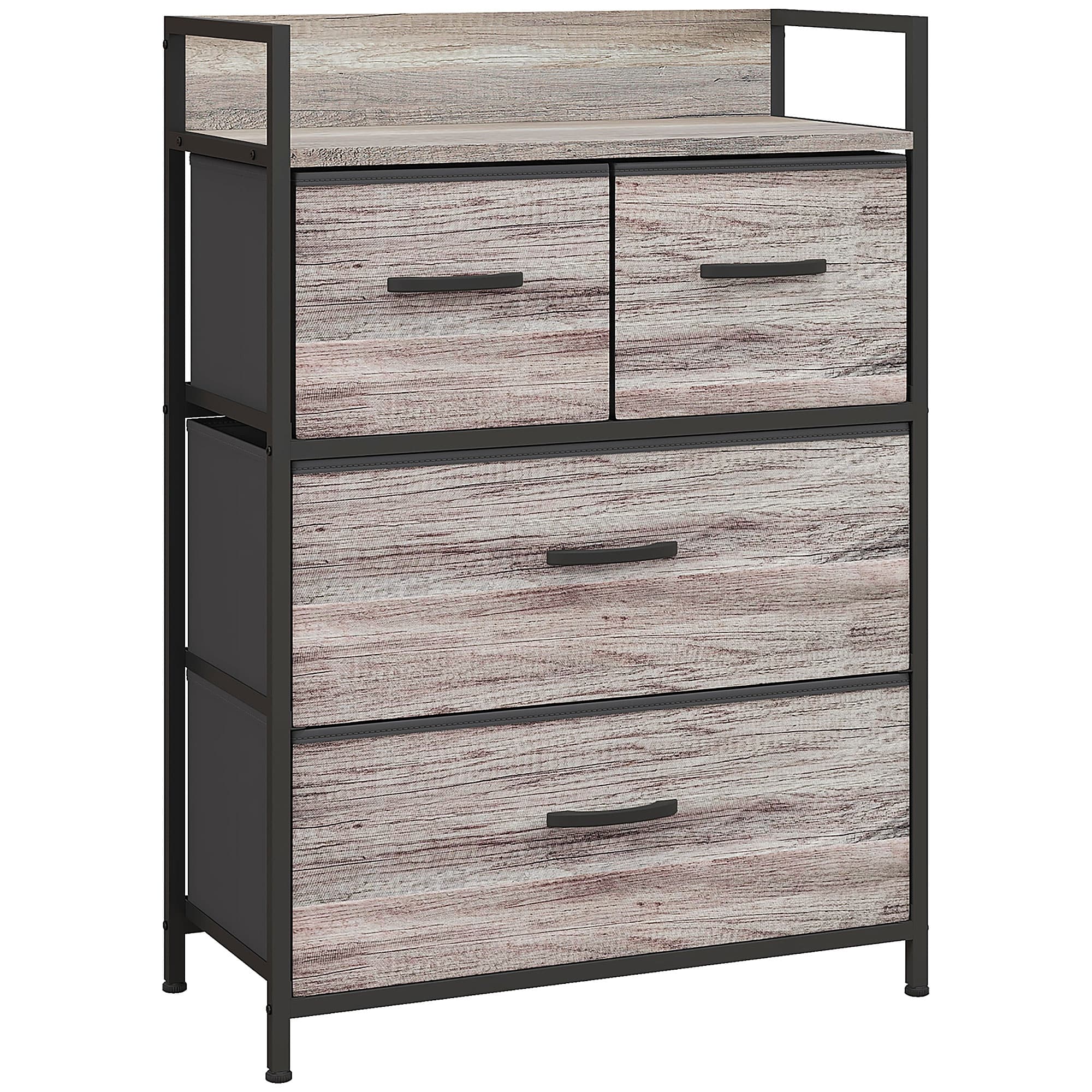 HOMCOM Rustic Chest of Four Fabric Drawers - Grey Wood Effect | Aosom UK