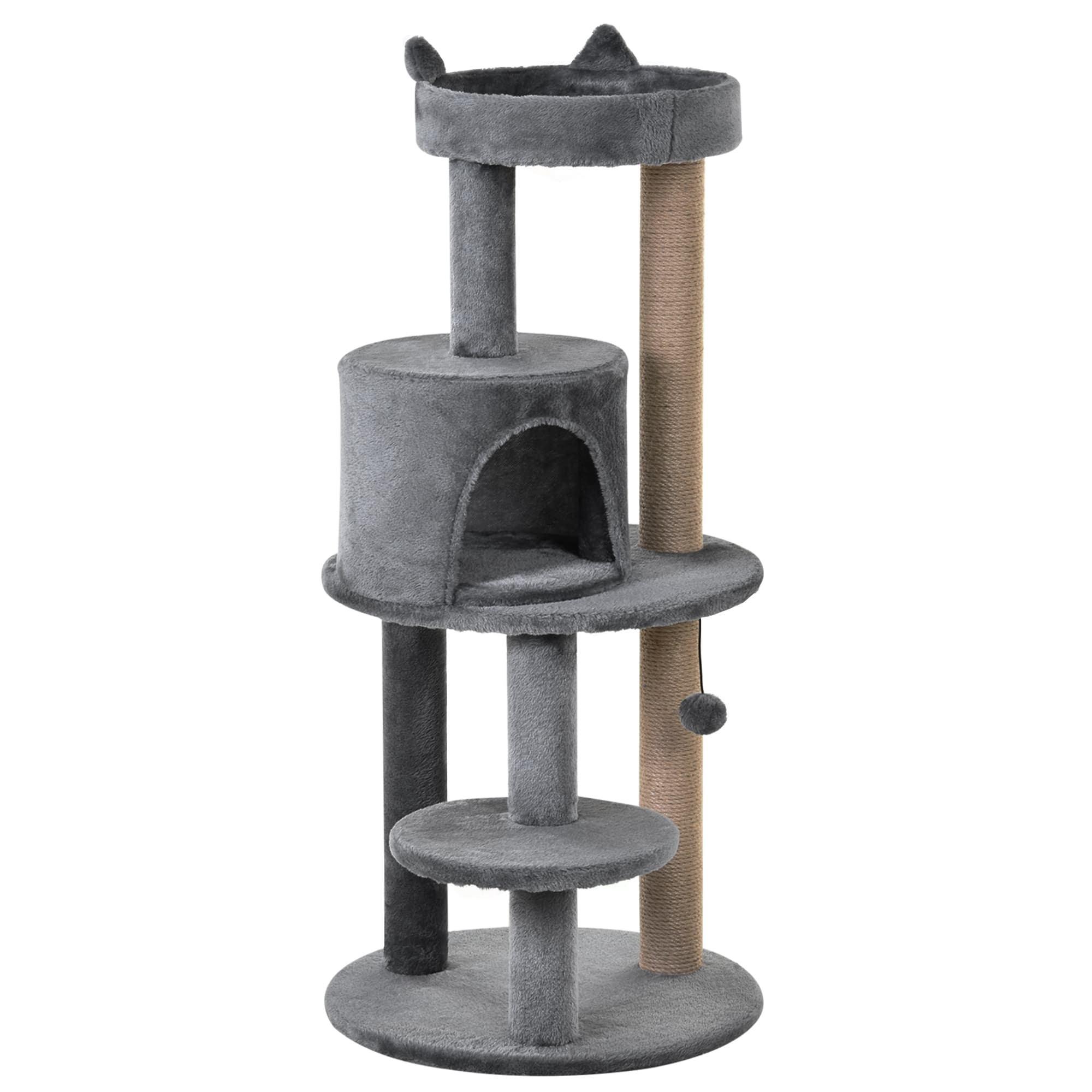 PawHut Deluxe Cat Tree with 3-Tier, Scratching Posts, Play Ball, and Plush Toy for Climbing and Relaxing, Grey | Aosom UK