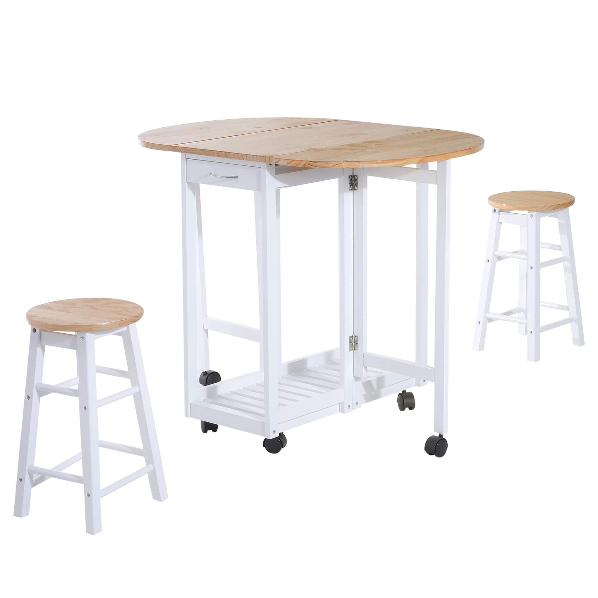 HOMCOM Bar Table and Stools with Storage Shelf, 3-Pieces Wooden Kitchen Cart with 2 Drawers and 6 Wheels, White | Aosom UK
