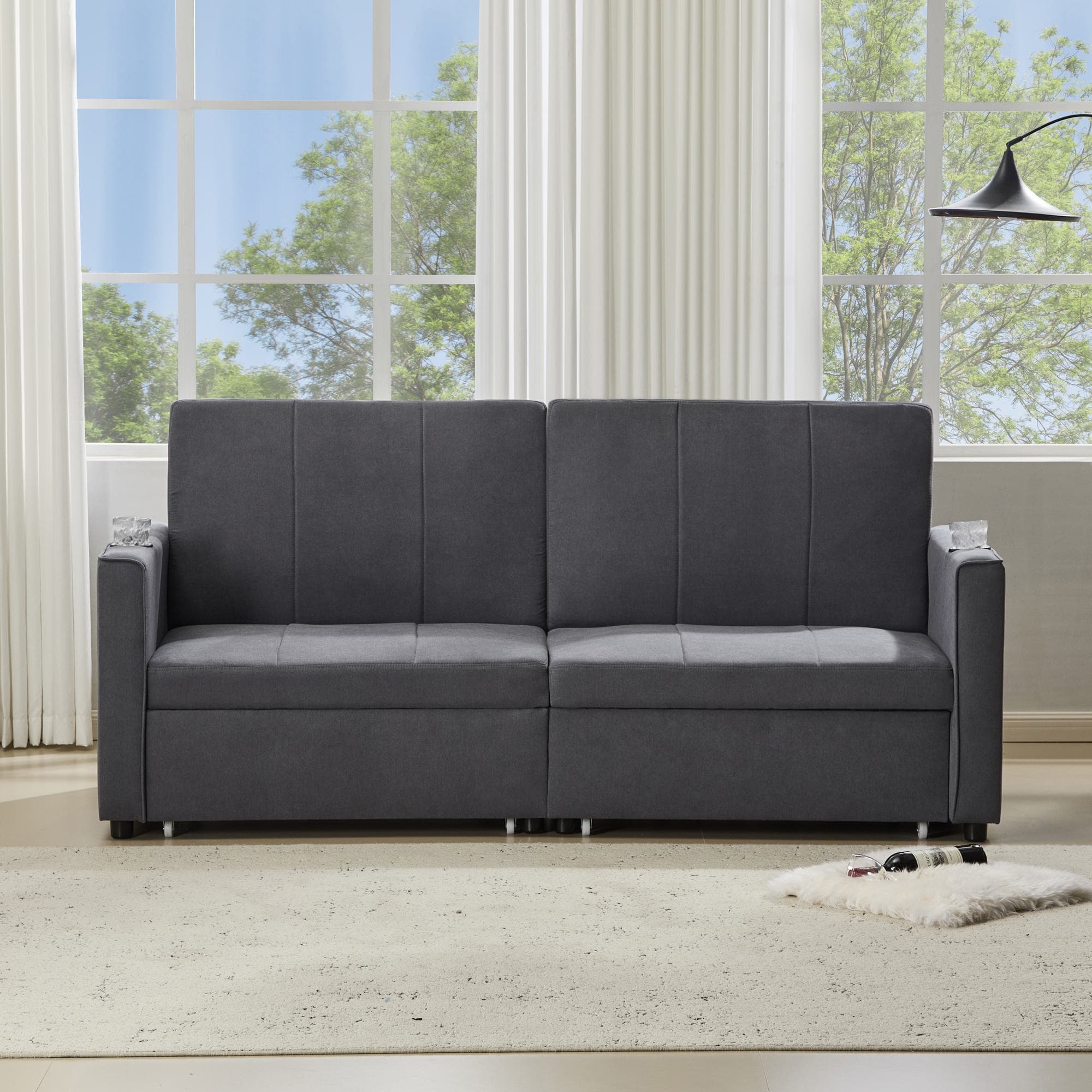 Modern Convertible Fabric Sofa Chair with Cup Holders, Side Pockets, King Size Independent Pull Out Sofa Bed, 207L x 87W x 96H cm, Gray | Aosom UK