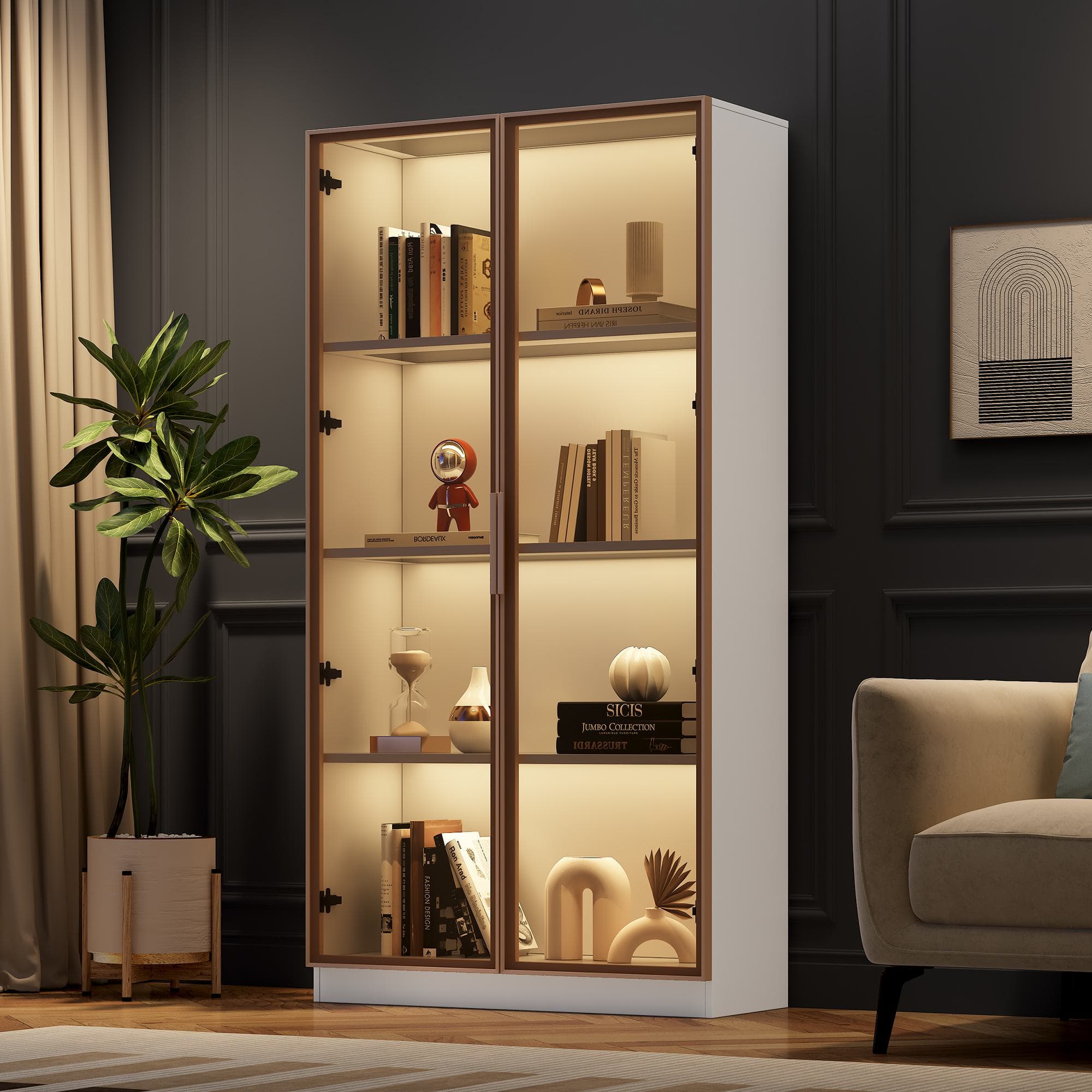 Remote-Controlled LED Display Cabinet with Glass Doors, Adjustable Shelves, Storage Cabinet with RGB Lighting, 160L x 80W x 40H cm, White | Aosom UK