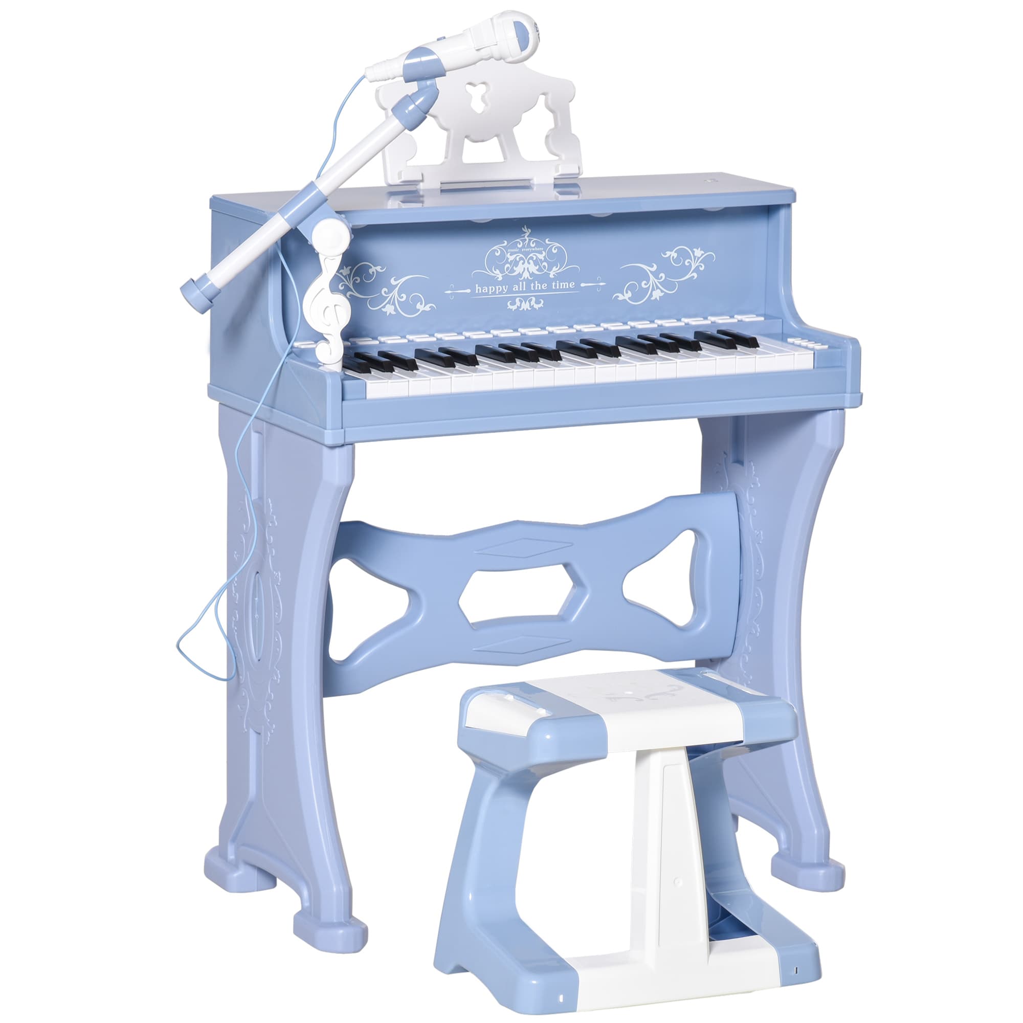 HOMCOM Mini Electronic Keyboard for Kids, 37 Keys Musical Instrument w/ Stool, Microphone & Educational Games, Light-Up Piano Toy Set, Blue | Aosom UK