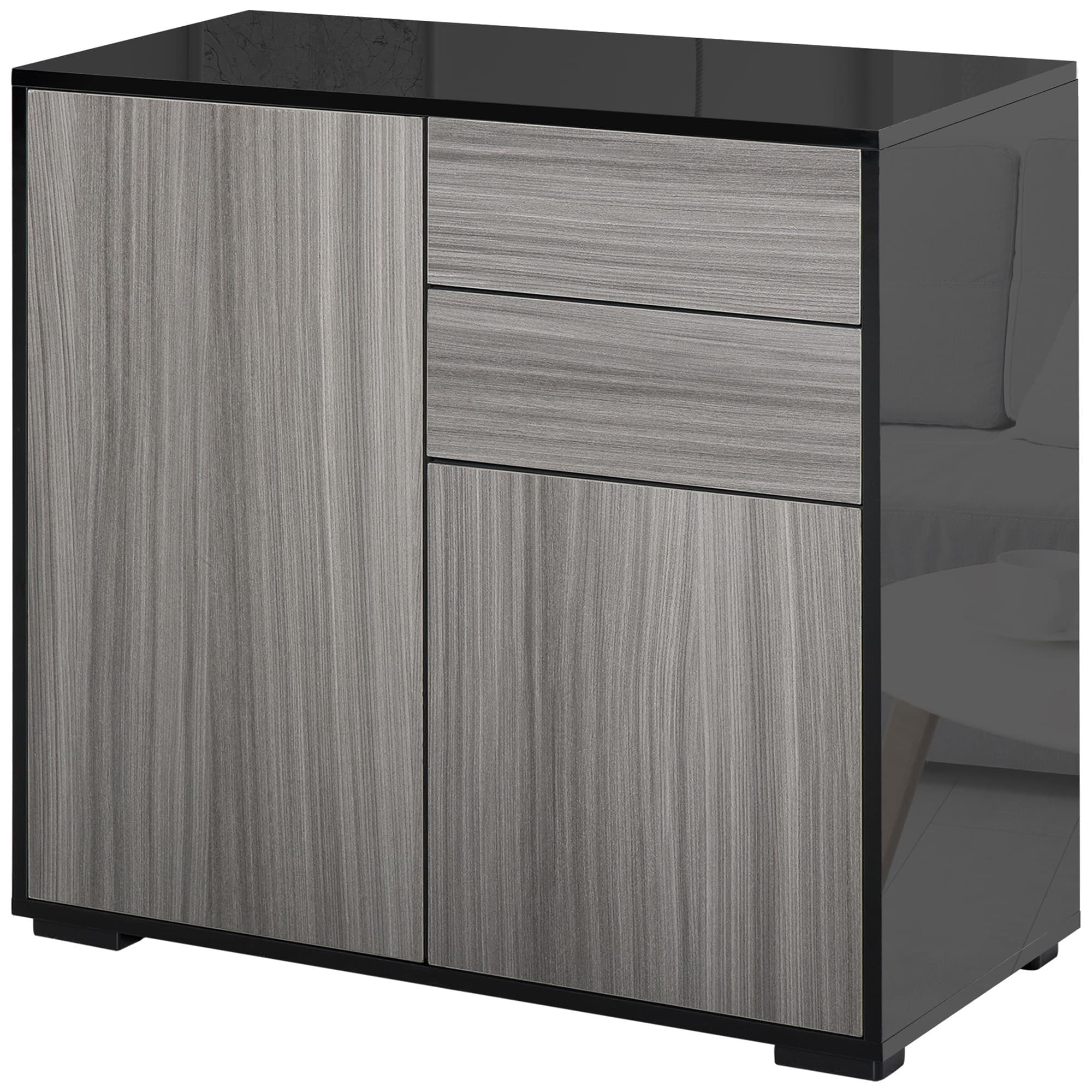 HOMCOM Modern Stylish Freestanding Push-Open Design Cabinet with 2 Drawer, 2 Door Cabinet, 2 Part Inner Space-Light Grey and Black | Aosom UK