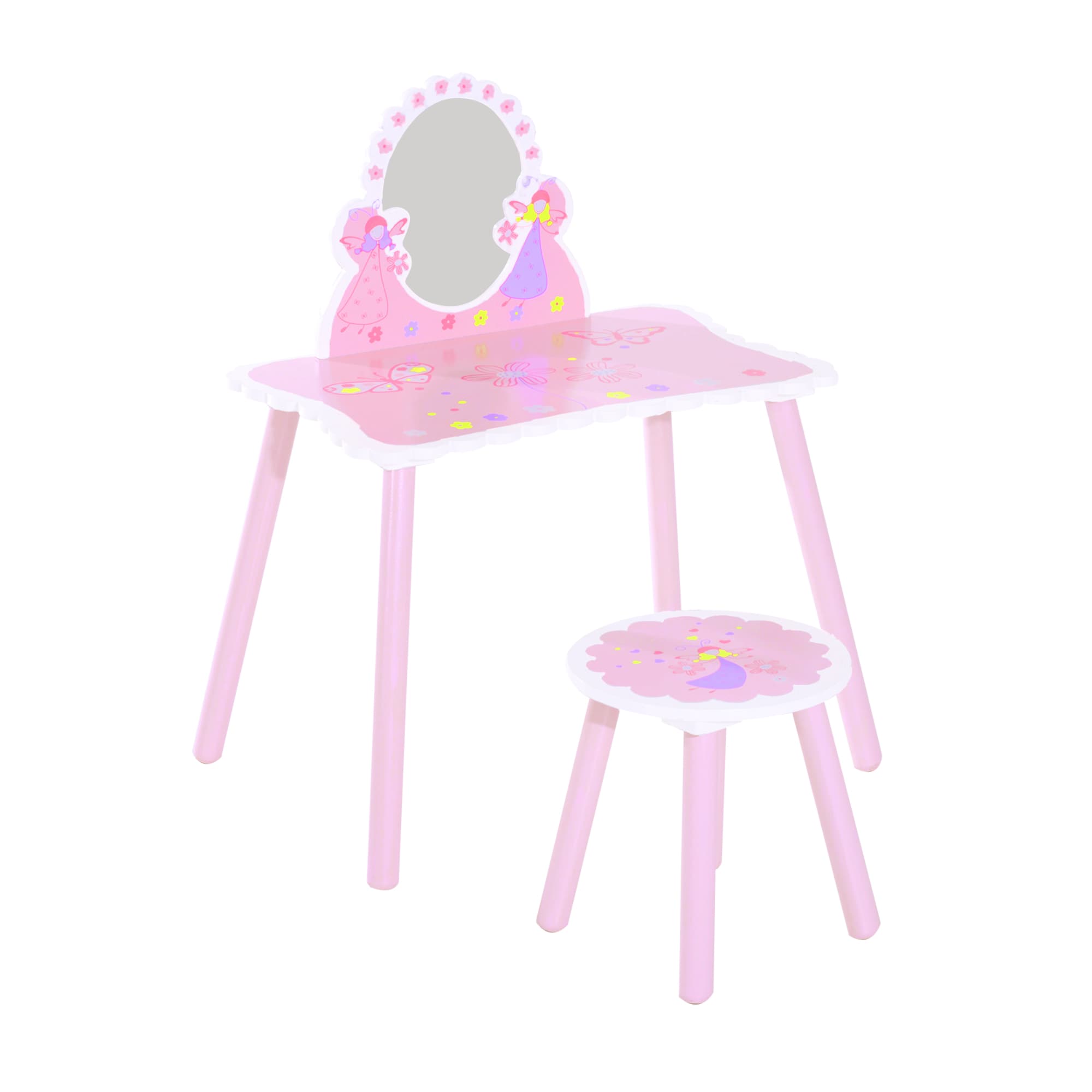 HOMCOM Kids Dressing Table Girls Pink Wooden Kids Dressing Table & Stool Make Up Desk Chair Toys Fairy Dresser Play Set w/Mirror | Aosom UK