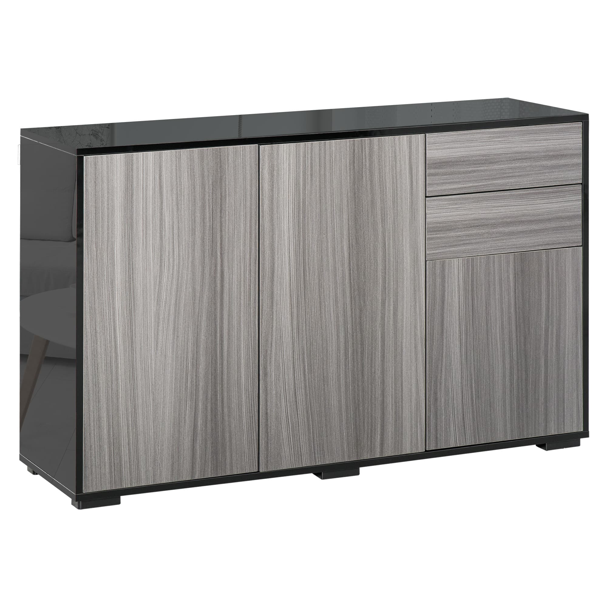 HOMCOM Sideboard High Gloss, 2 Drawer Push-Open Cabinet for Living Room, Bedroom, Light Grey and Black | Aosom UK