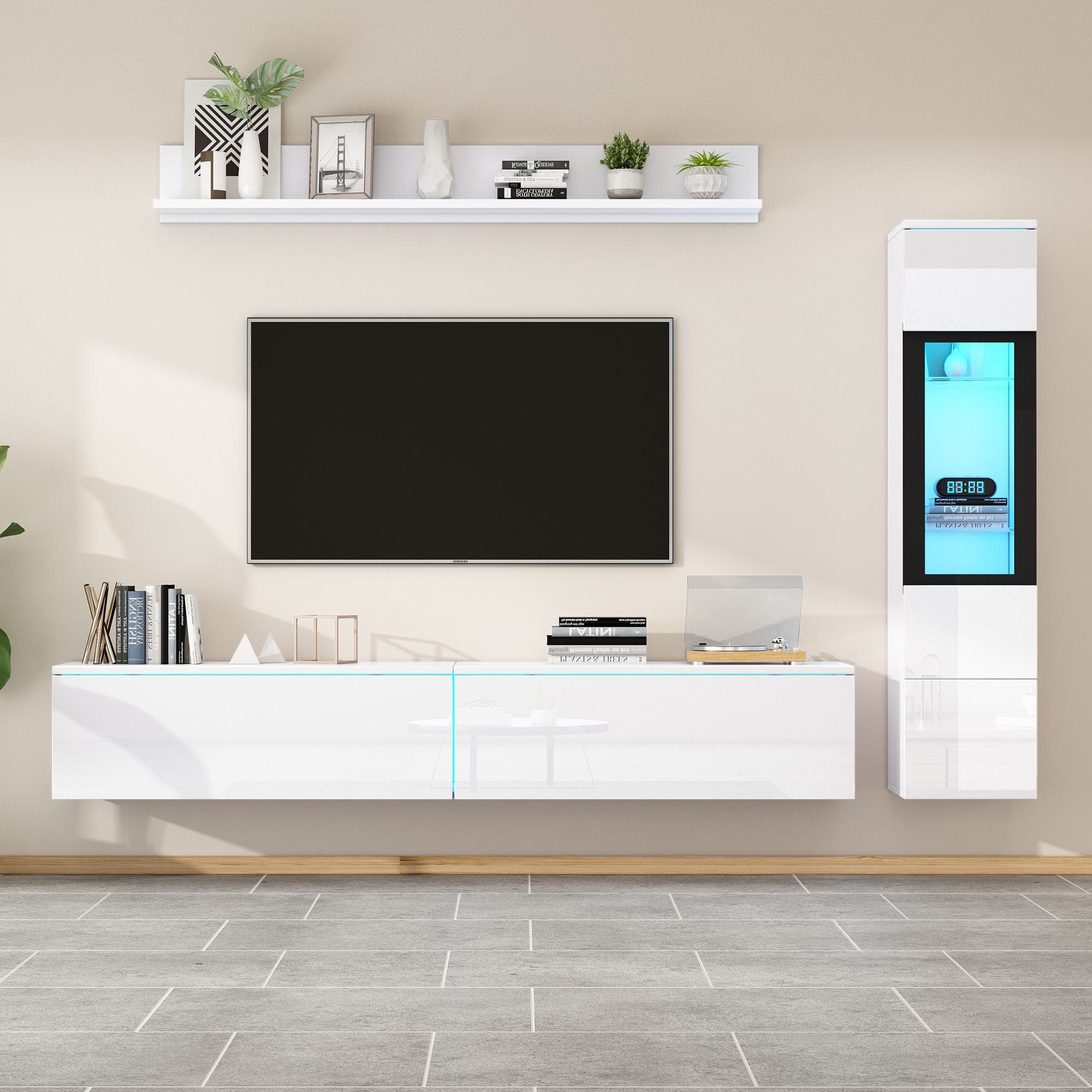 High Gloss TV Wall Unit Set with Customisable LED Lighting, Handleless Design, Entertainment Center Set with Cabinet, Hanging Shelf, White | Aosom UK