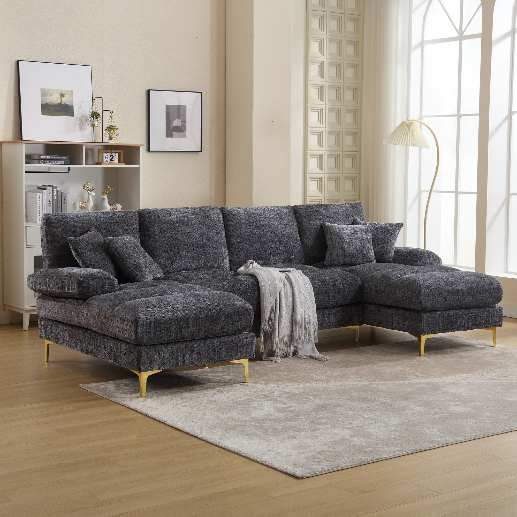 U-Shaped Modular Sofa with Pillows, Double Chaise, Rubber Pads, Chenille Fabric Sectional Couch for Living Room, 272L x 136W x 88H cm, Gray | Aosom UK