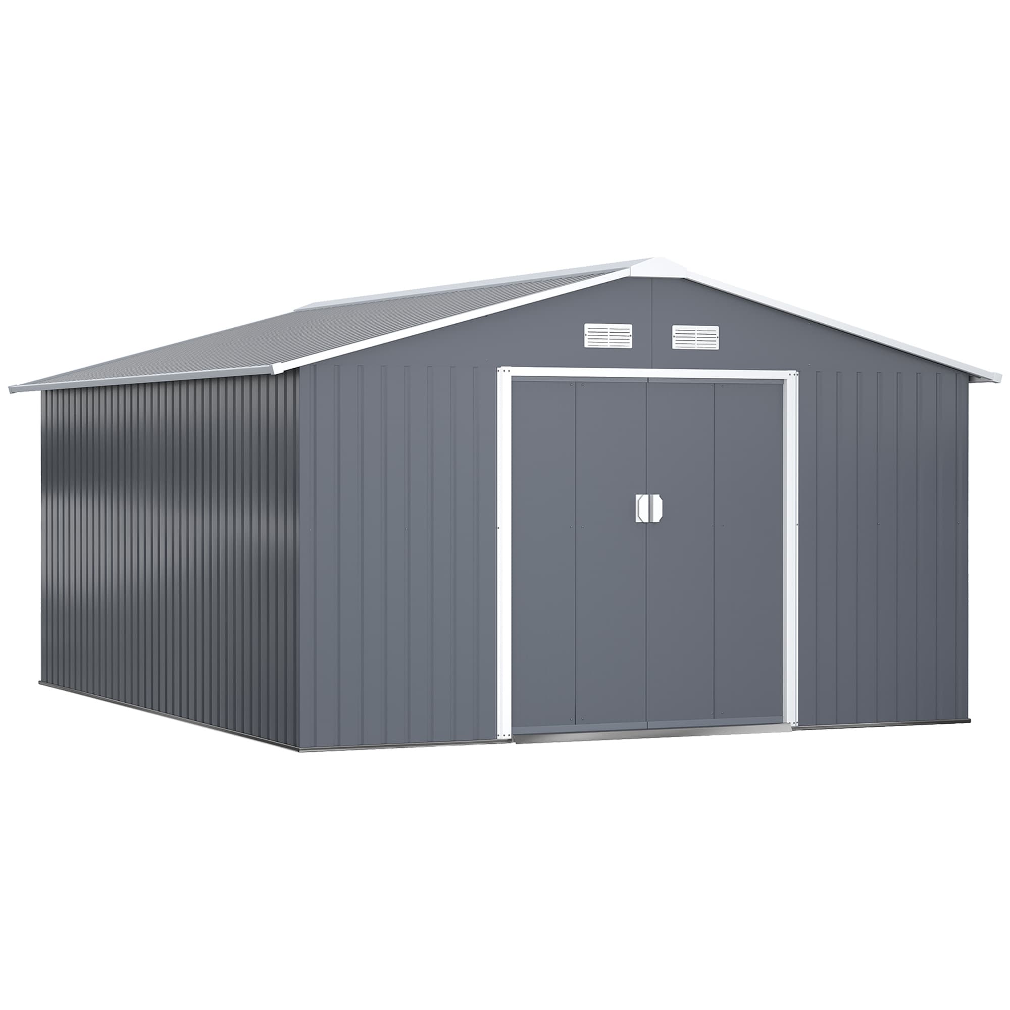 Outsunny 13 x 11ft Foundation Ventilation Steel Outdoor Garden Shed Grey