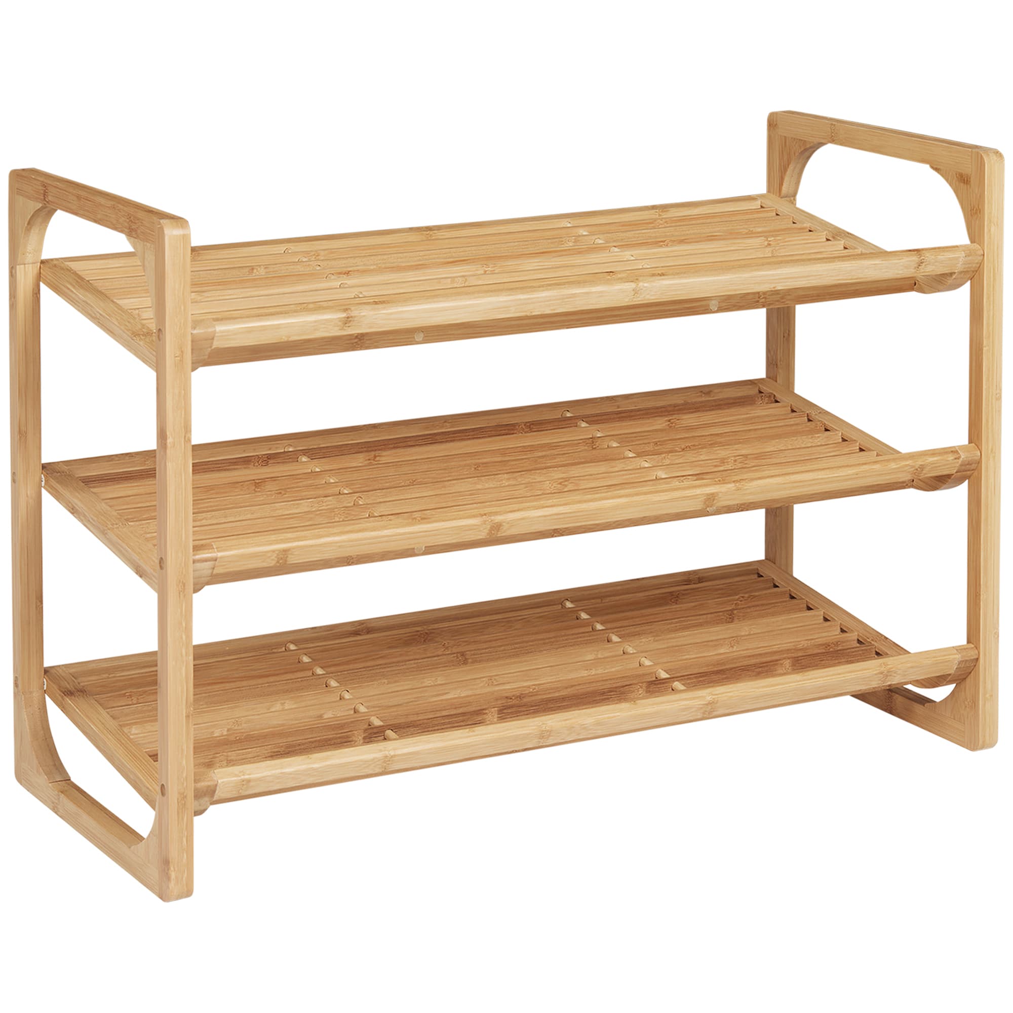 HOMCOM Bamboo Shoe Rack, 3-Tier Storage Organizer, Slatted Shelves, Free Standing, for 9 Pairs, Entryway, Natural Finish | Aosom UK