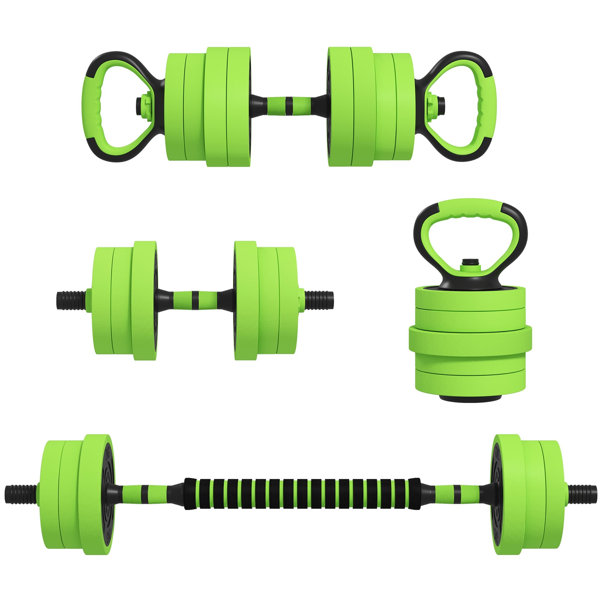 SPORTNOW 40kg Four-In-One Adjustable Weight Dumbbells Set, Barbell, Kettlebell, Push Up Stand - Green | Aosom UK