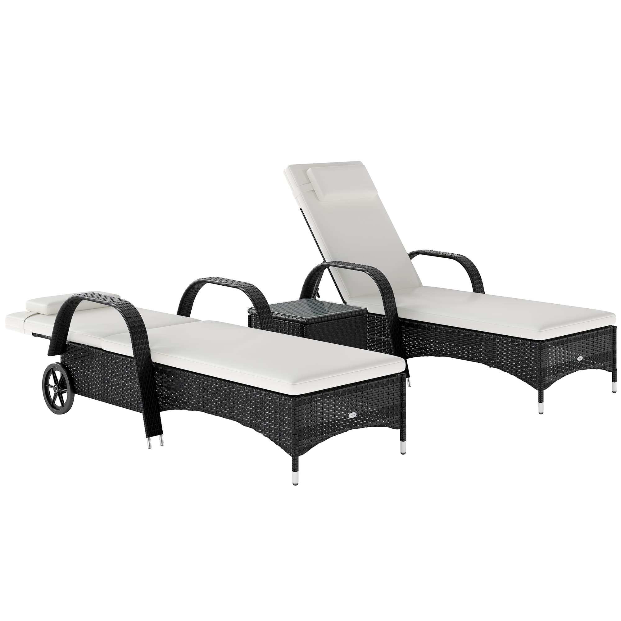 Outsunny 3 Pieces Patio Lounge Chair Set Garden Wicker Wheeling Recliner Outdoor Daybed, PE Rattan Lounge Chairs w/ Cushions & Side Coffee Table Black