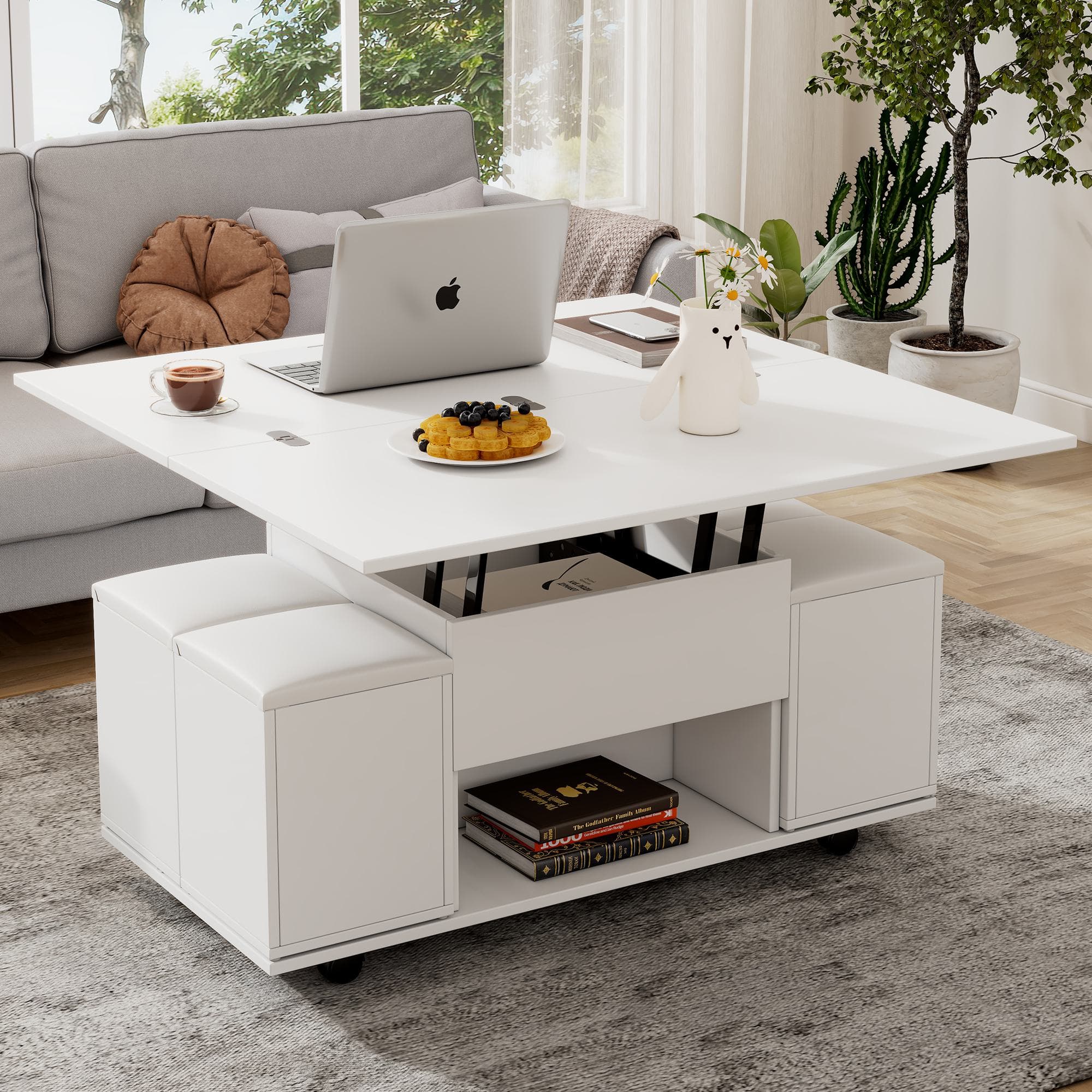 Child-Friendly Lift-Up Coffee Table with Hydraulic Mechanism, Hidden Storage, Adjustable Height, Modern Sofa Table for Living Room, White | Aosom UK