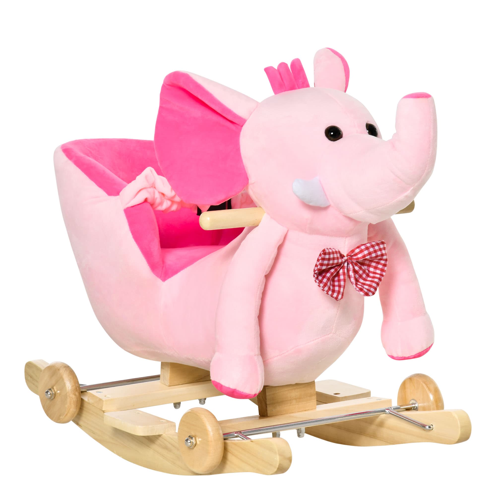 HOMCOM 2 In 1 Plush Baby Ride on Rocking Horse Elephant Rocker with Wheels Wooden Toy for Kids 32 Songs (Pink)