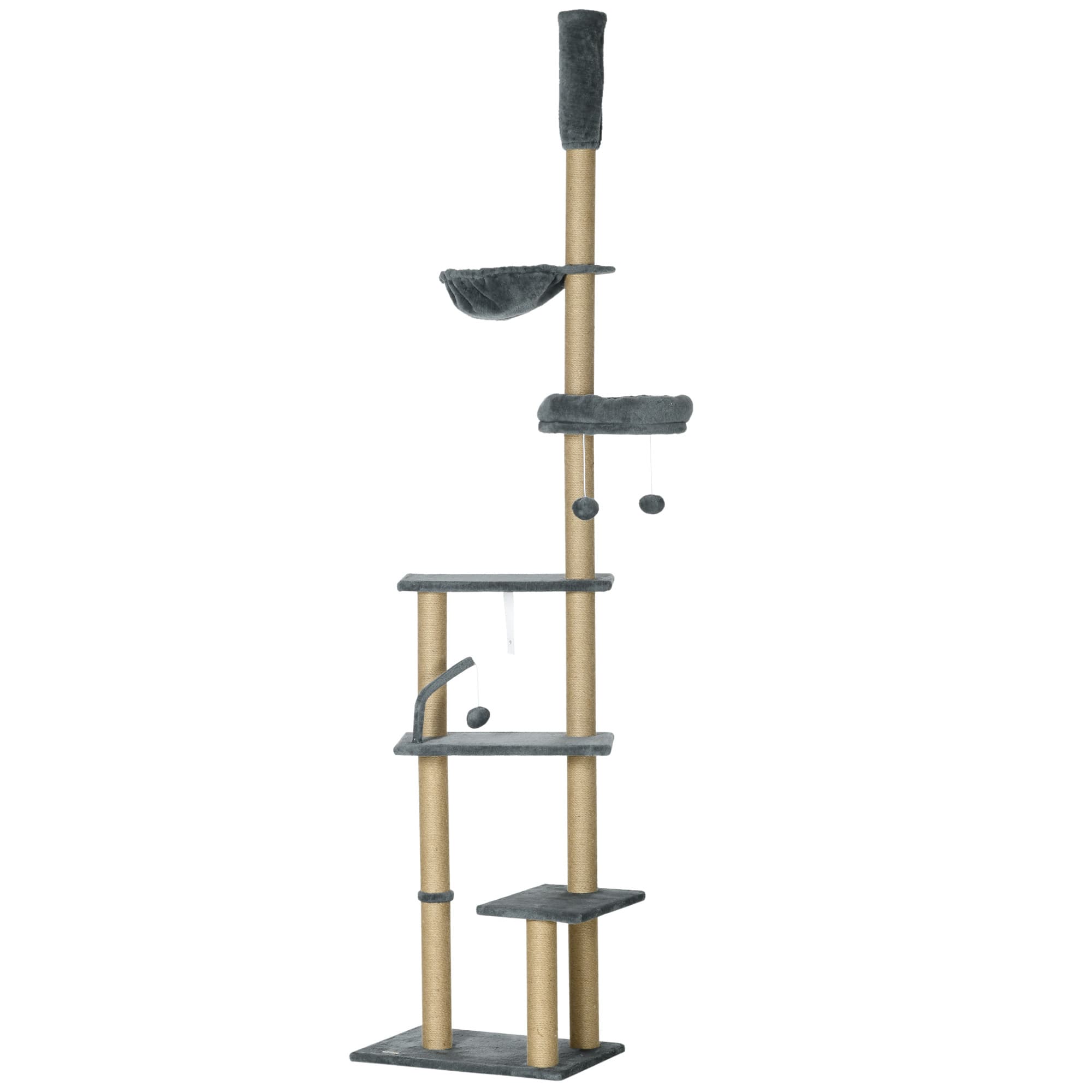 PawHut Floor to Ceiling Cat Tree, 6-Tier Climbing Activity Centre with Scratching Post, Hammock, Adjustable Height 230-250cm, Grey | Aosom UK