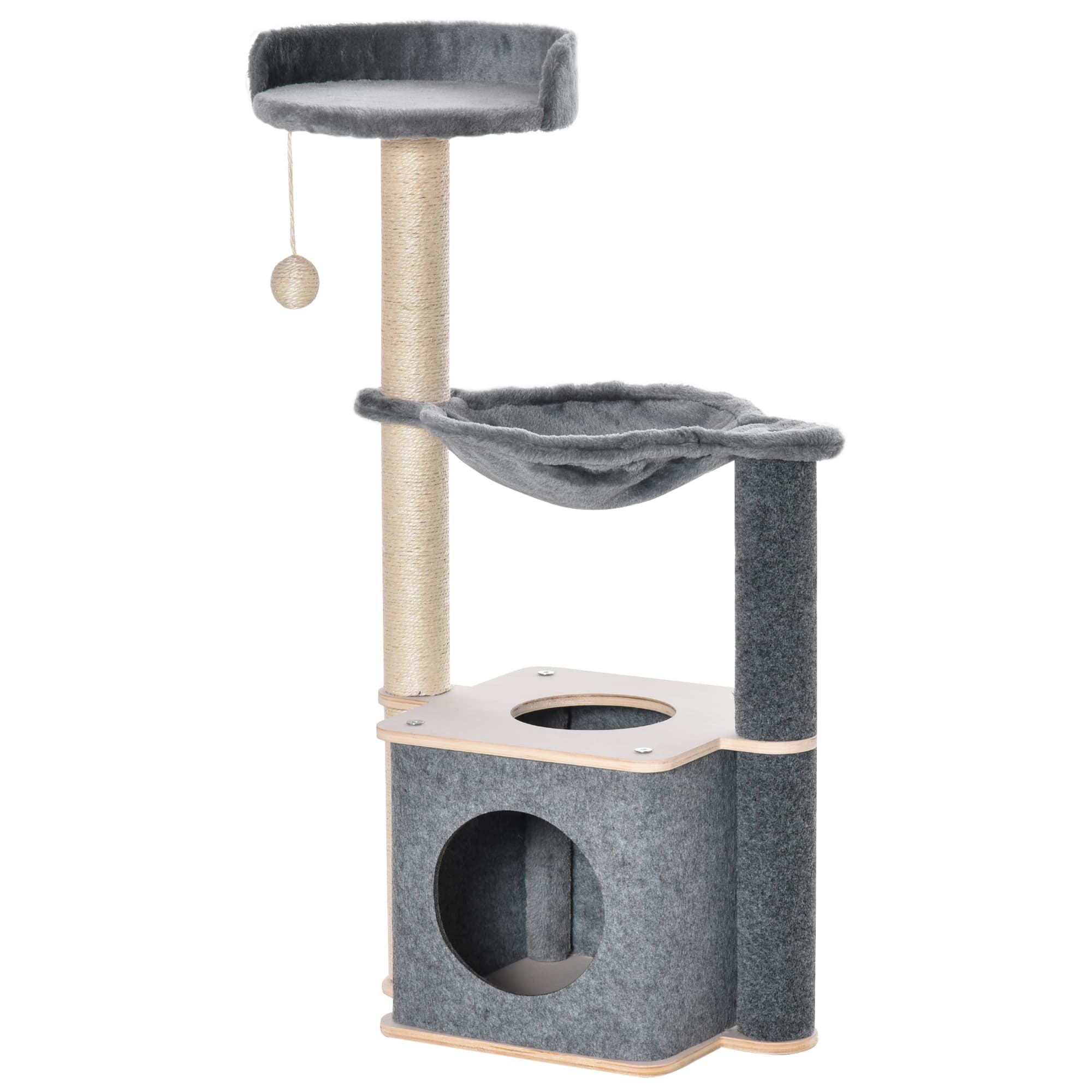 PawHut Cat Tower, 95cm Climbing Kitten Activity Centre with Sisal Scratching Posts, Perch, Spacious Condo, and Hammock, Grey | Aosom UK