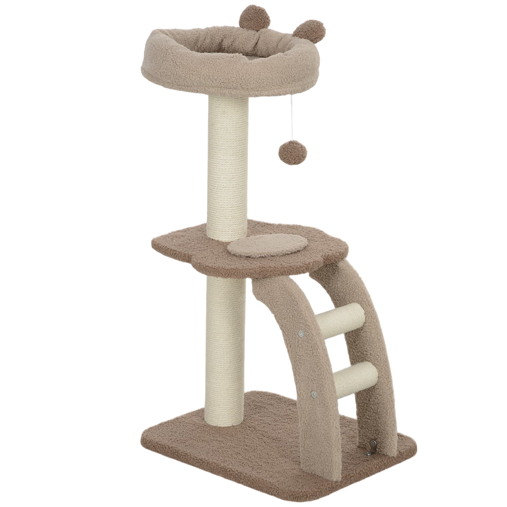 PawHut Cat Tee for Indoor Cats, 88cm Cat Tower with Sisal Scratching Post, Hanging Ball, Large Cat Perch, Stairs, Brown | Aosom UK