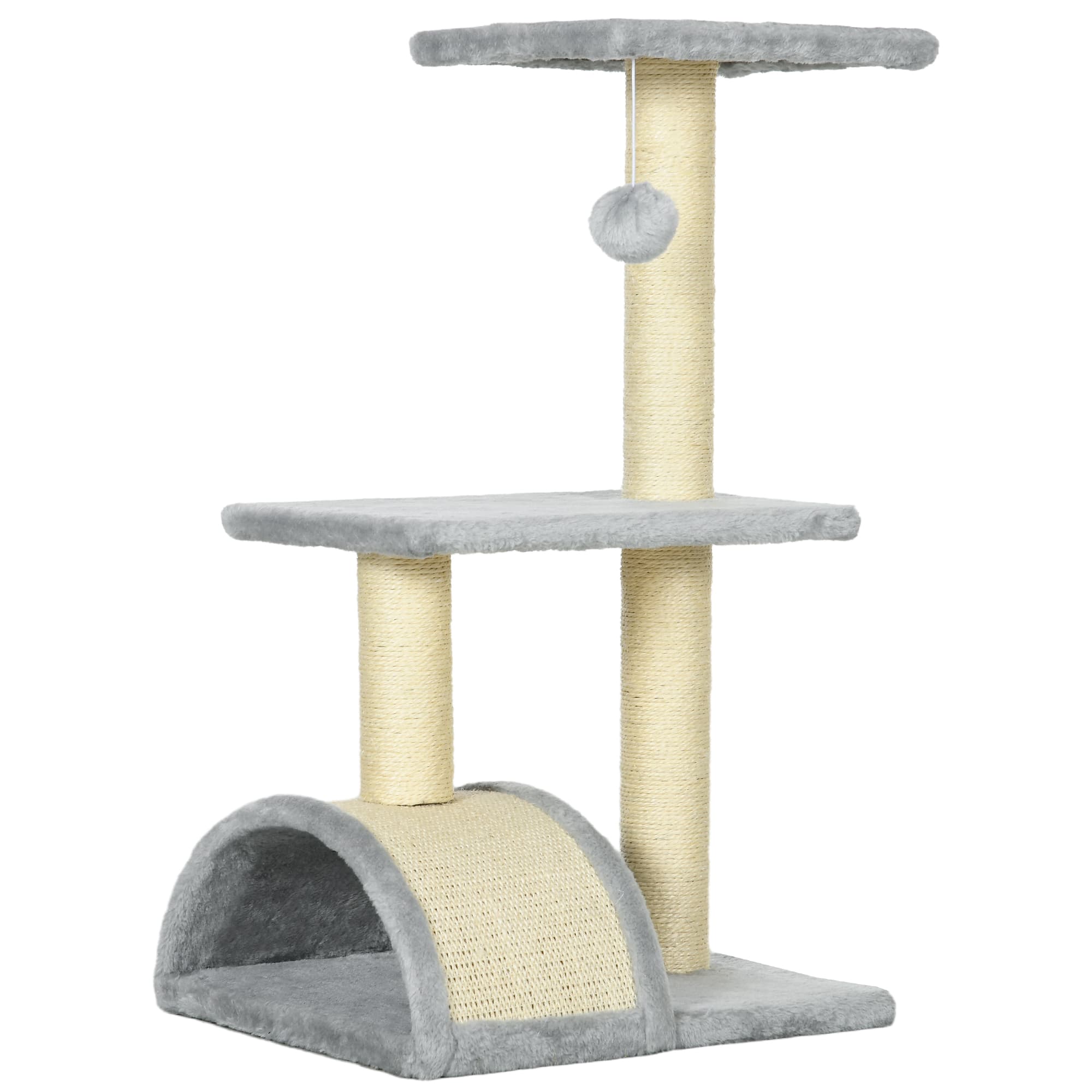 PawHut Compact Cat Tree for Indoor Use, Multi-Level with Sisal Scratching Posts, Cushioned Platform, Hanging Ball, Light Grey | Aosom UK