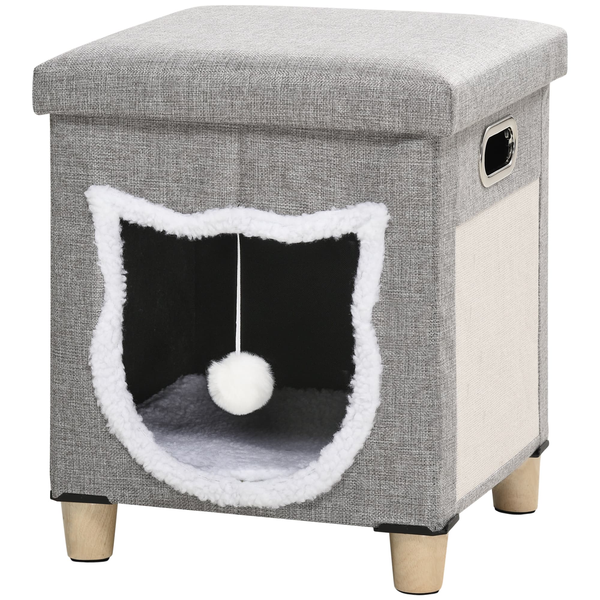 PawHut Cat Ottoman Bed 2-in-1, Cosy Cave with Cushion, Scratcher, Handles, Anti-Slip, Toy Ball, Grey | Aosom UK