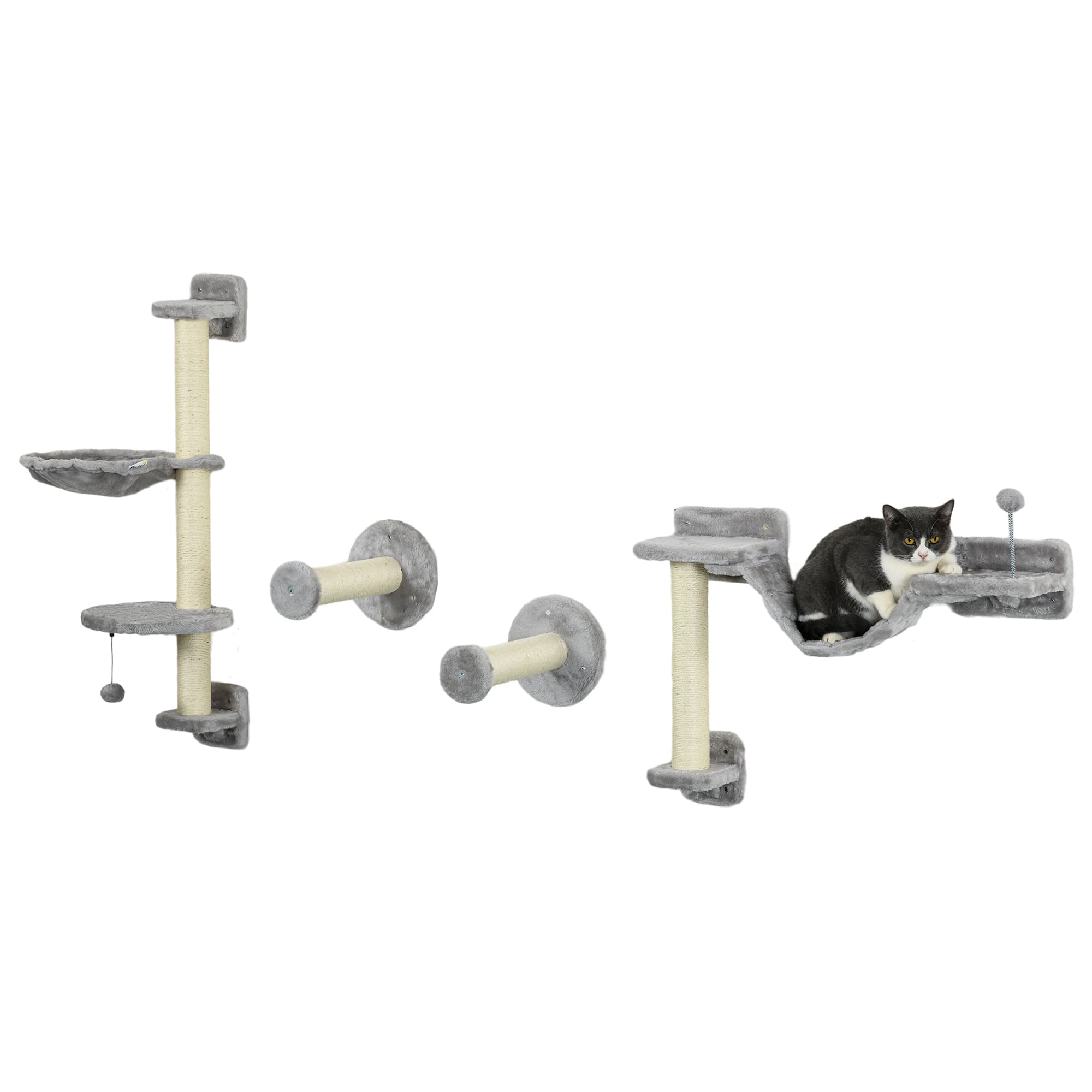 PawHut Cat Shelves Fit Cat Up to 5kg, 4-Piece Set with Hammock, Perches, Ladder, Scratching Post, Safe for Cats to Play, Grey | Aosom UK
