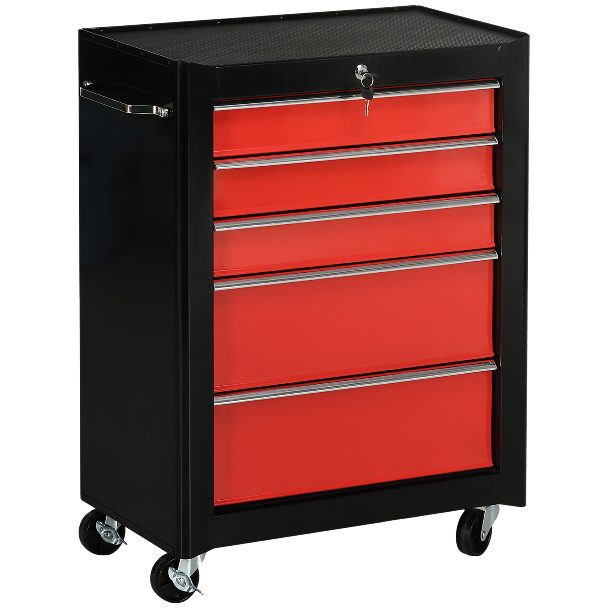 HOMCOM Tool Chest with 5 Drawers, Lockable Steel Storage Cabinet on Wheels with Handle, Red, for Garages & Workshops | Aosom UK