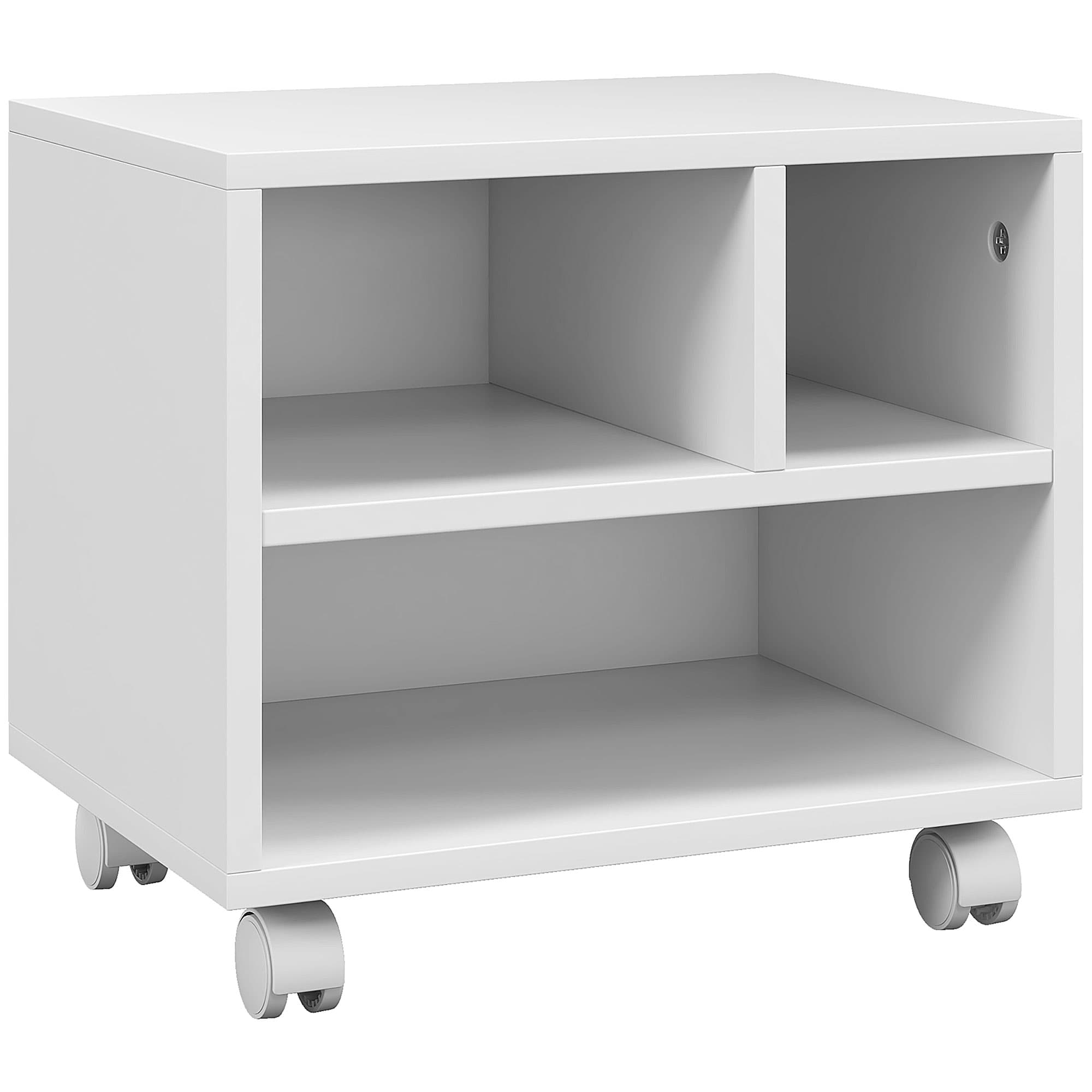HOMCOM 2-Tier Printer Stand w/ Storage, Under Desk Printer Cart on Wheels w/ 3 Compartments, Desktop Printer Table for Home Office, White | Aosom UK