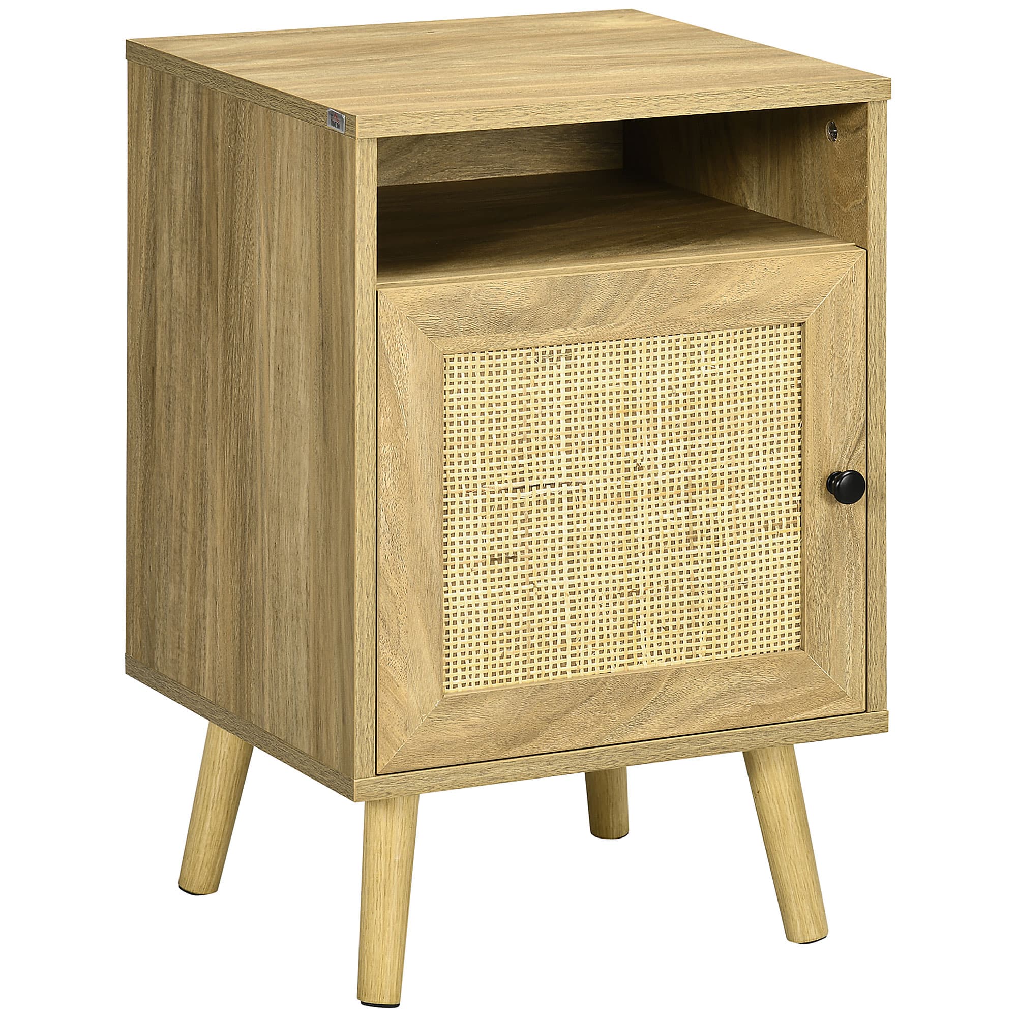 HOMCOM Bedside Table with Rattan Element, Side End Table with Shelf and Cupboard, 39cmx35cmx60cm, Natural | Aosom UK