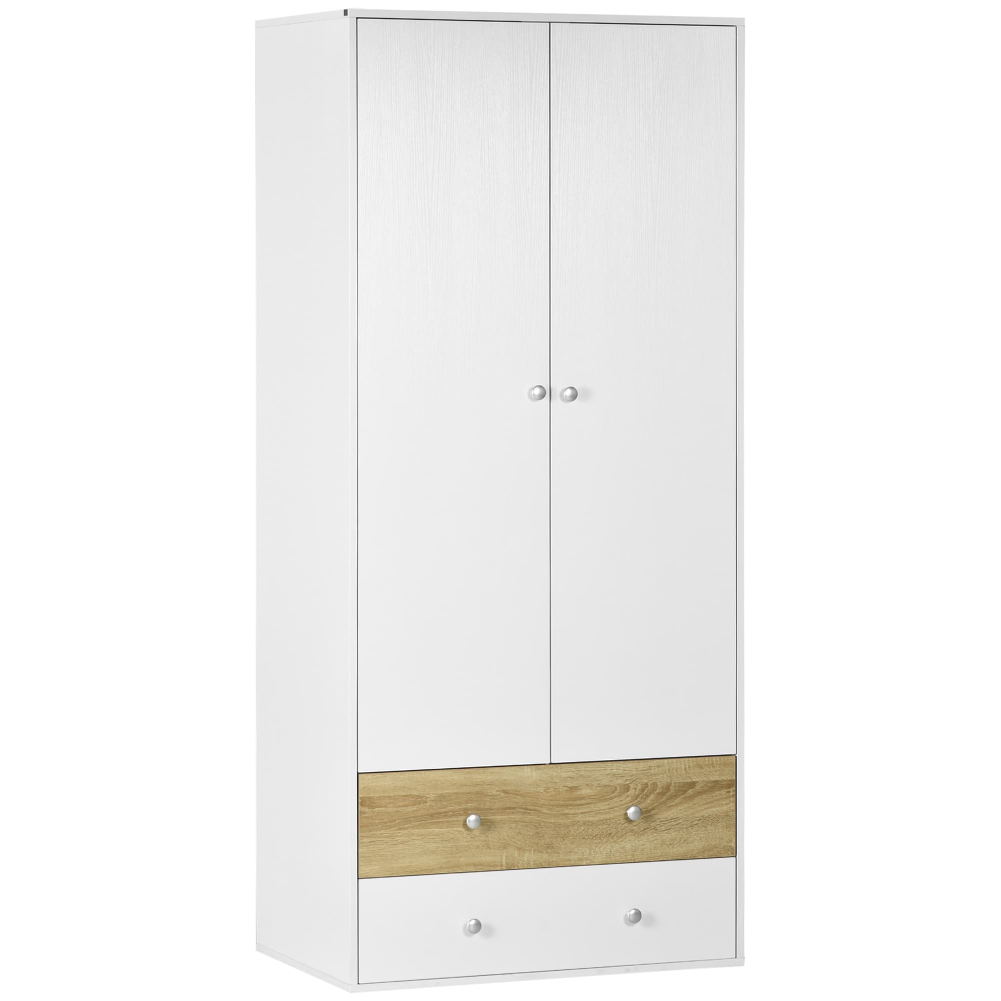 HOMCOM 2 Door Wardrobe with 2 Drawers White Gloss Wardrobe with Anti-tipping Straps for Bedroom 180 x 80 x 50cm, 10kg Load, White | Aosom UK