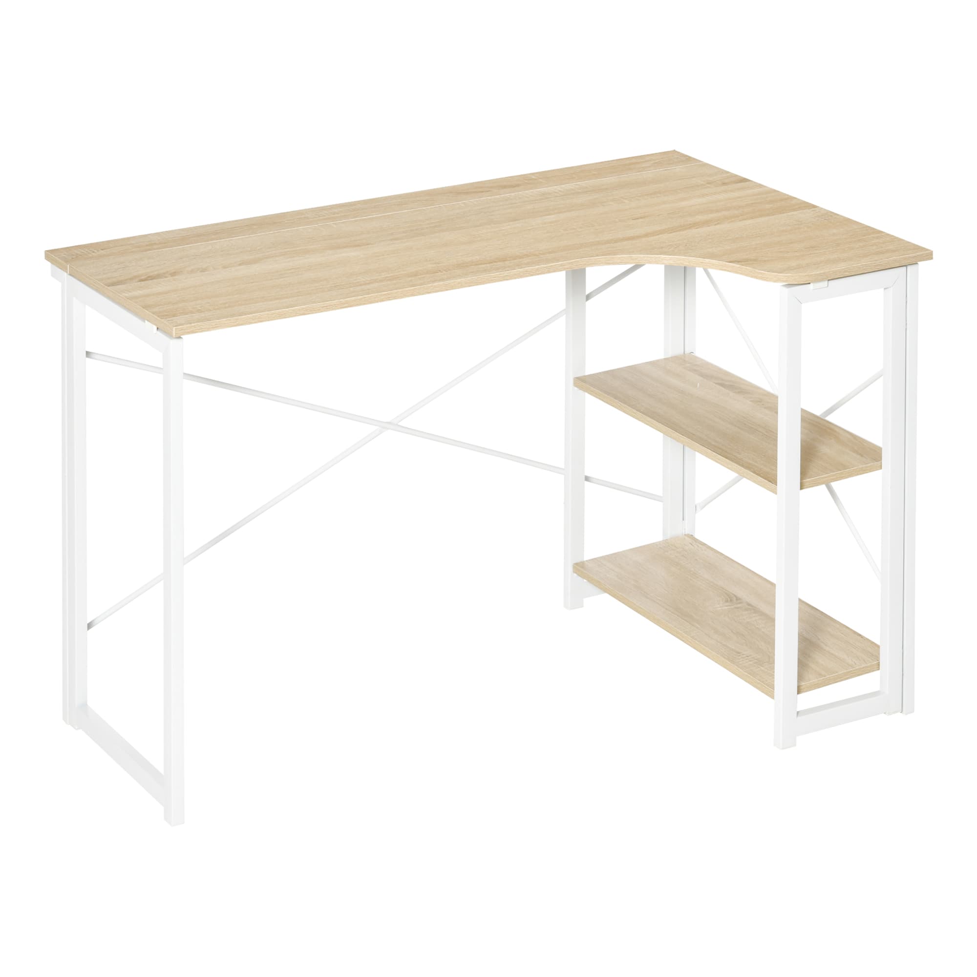 HOMCOM Folding L-Shaped Computer Desk, Oak Tone Corner Home Office Study Workstation with 2 Shelves | Aosom UK